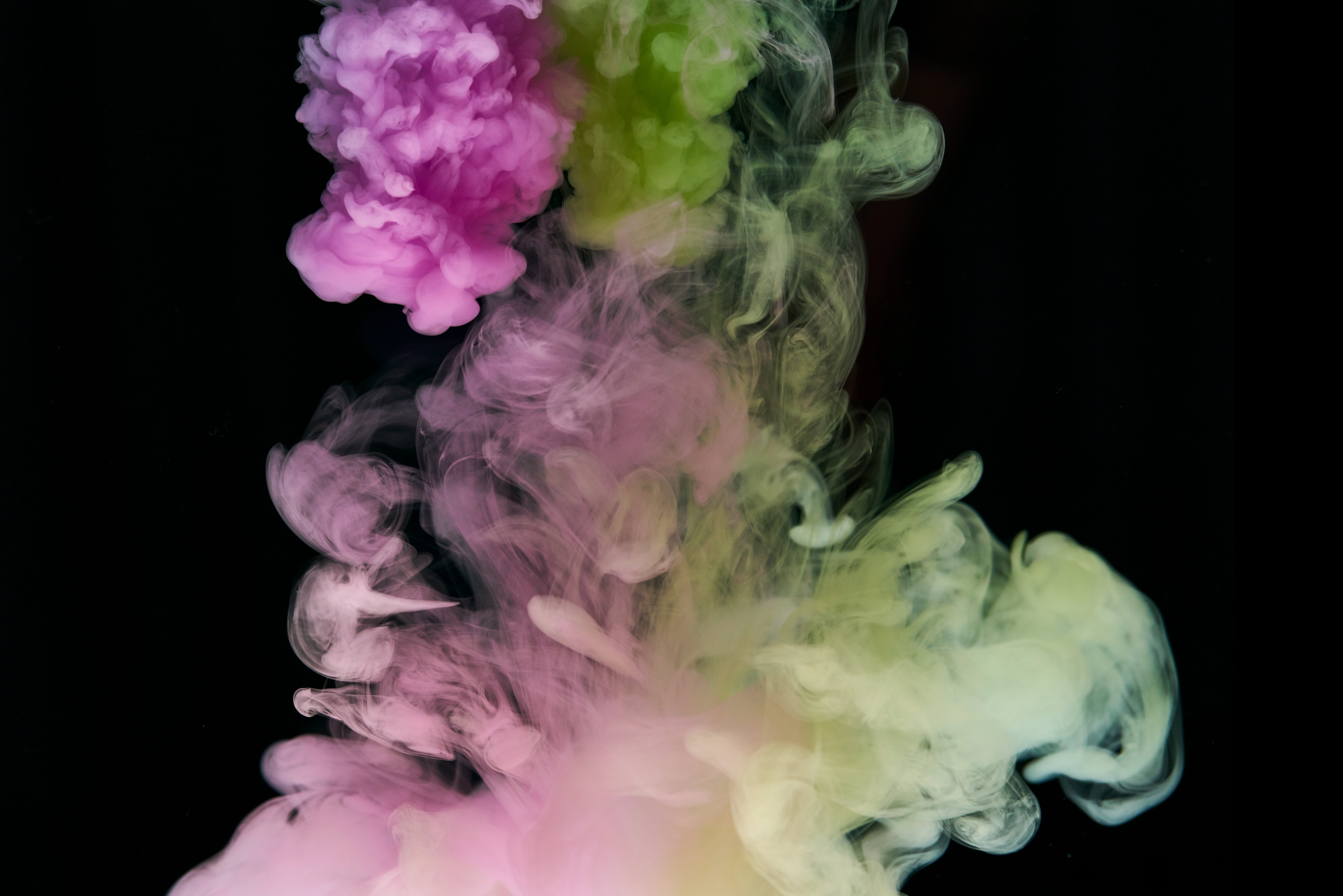 creativity, chaos, art, smoke - physical structure, green, abstract, mixing, design, indoors, pink color, flowing, black background, textured, paint, smoke, HD Wallpaper