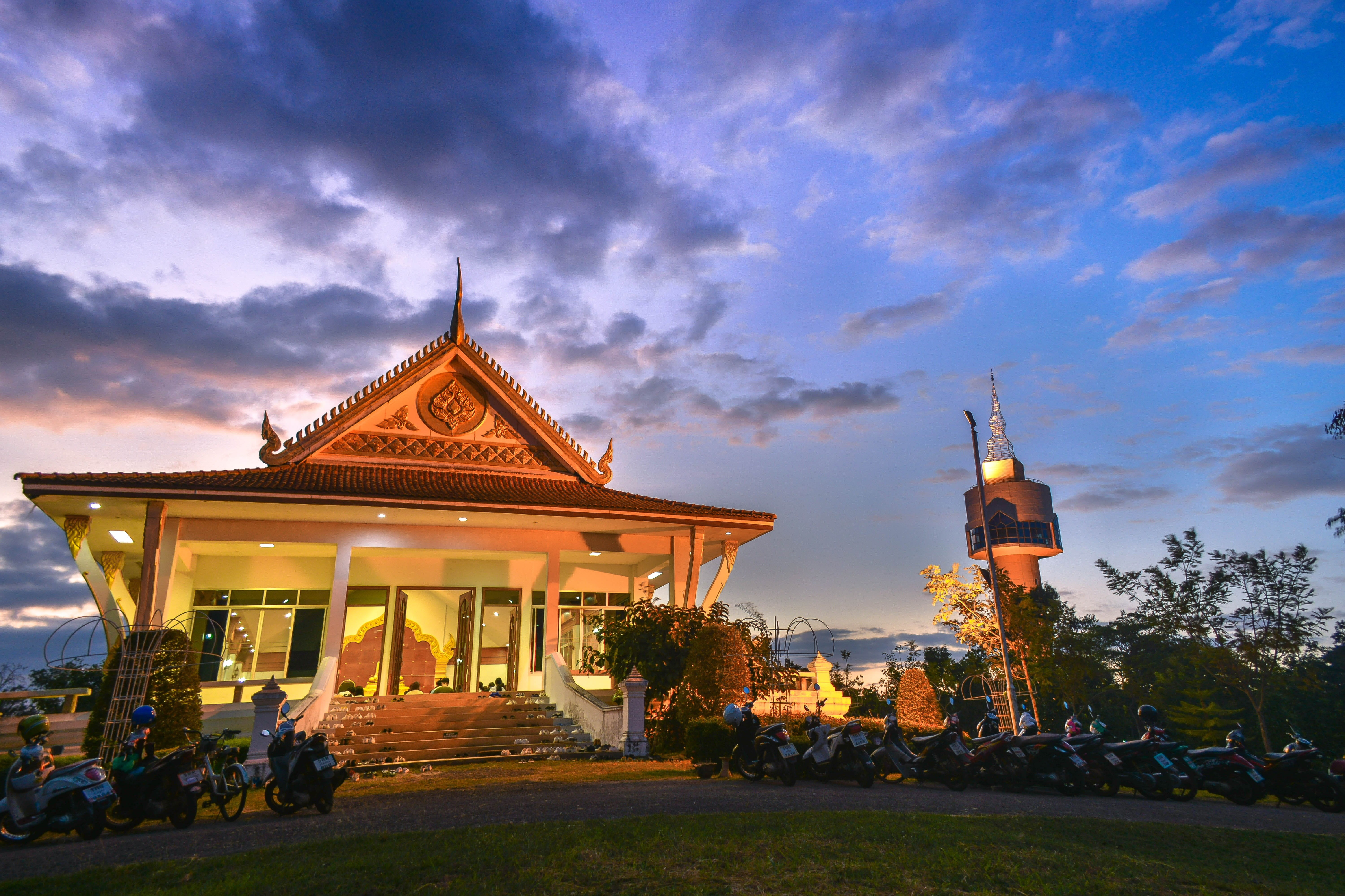 color, 5K, landscape, Temple, cloud, building exterior, outdoor, bright, scenic, built structure, orange, park, sunlight, environment, evening, incidental people, HD Wallpaper