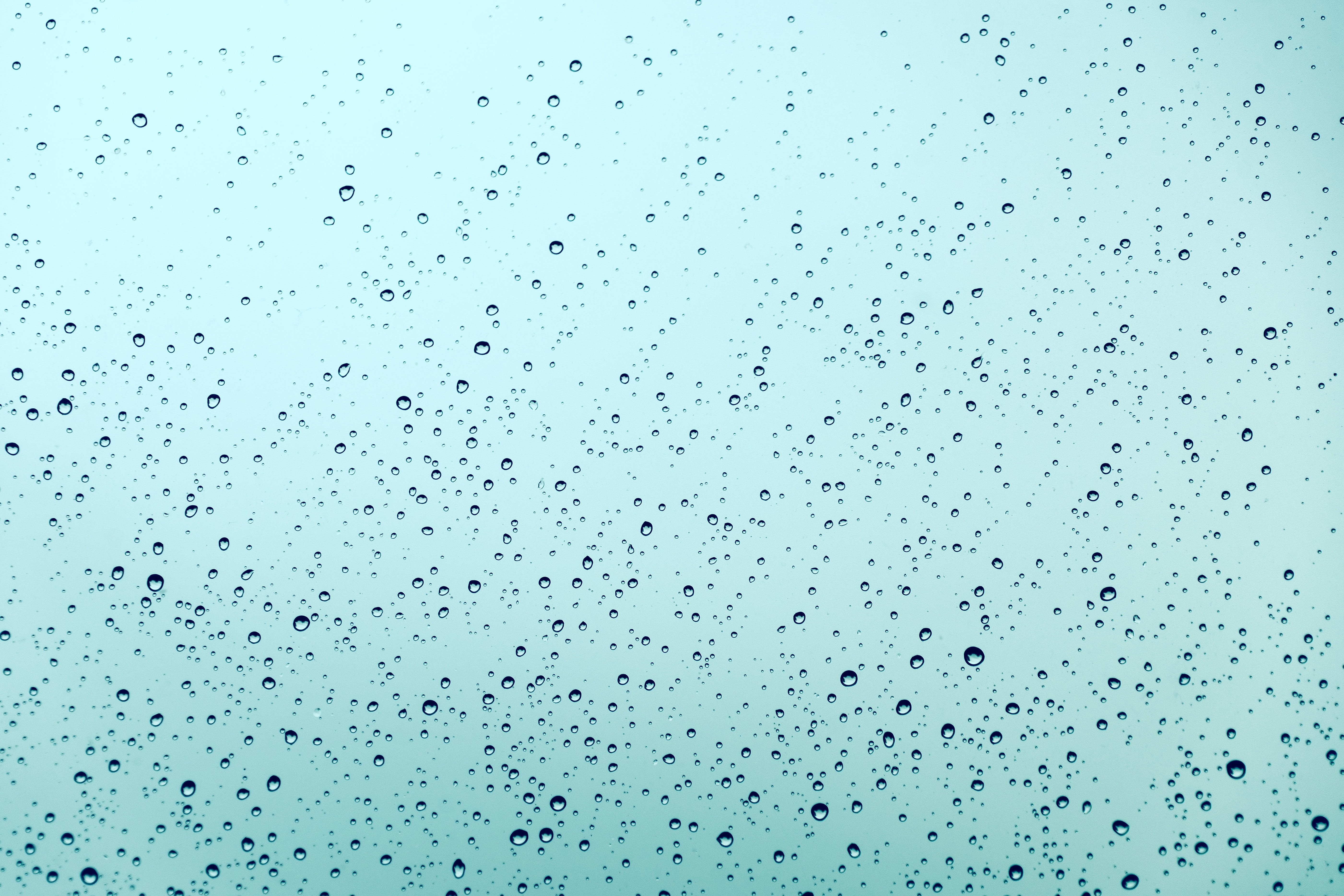 wet, 5K, pattern, droplets, run off, water, raindrop, full frame, nature, moisture, rain, beaded, blue background, no people, weather, sky, outdoors, drop of water, HD Wallpaper
