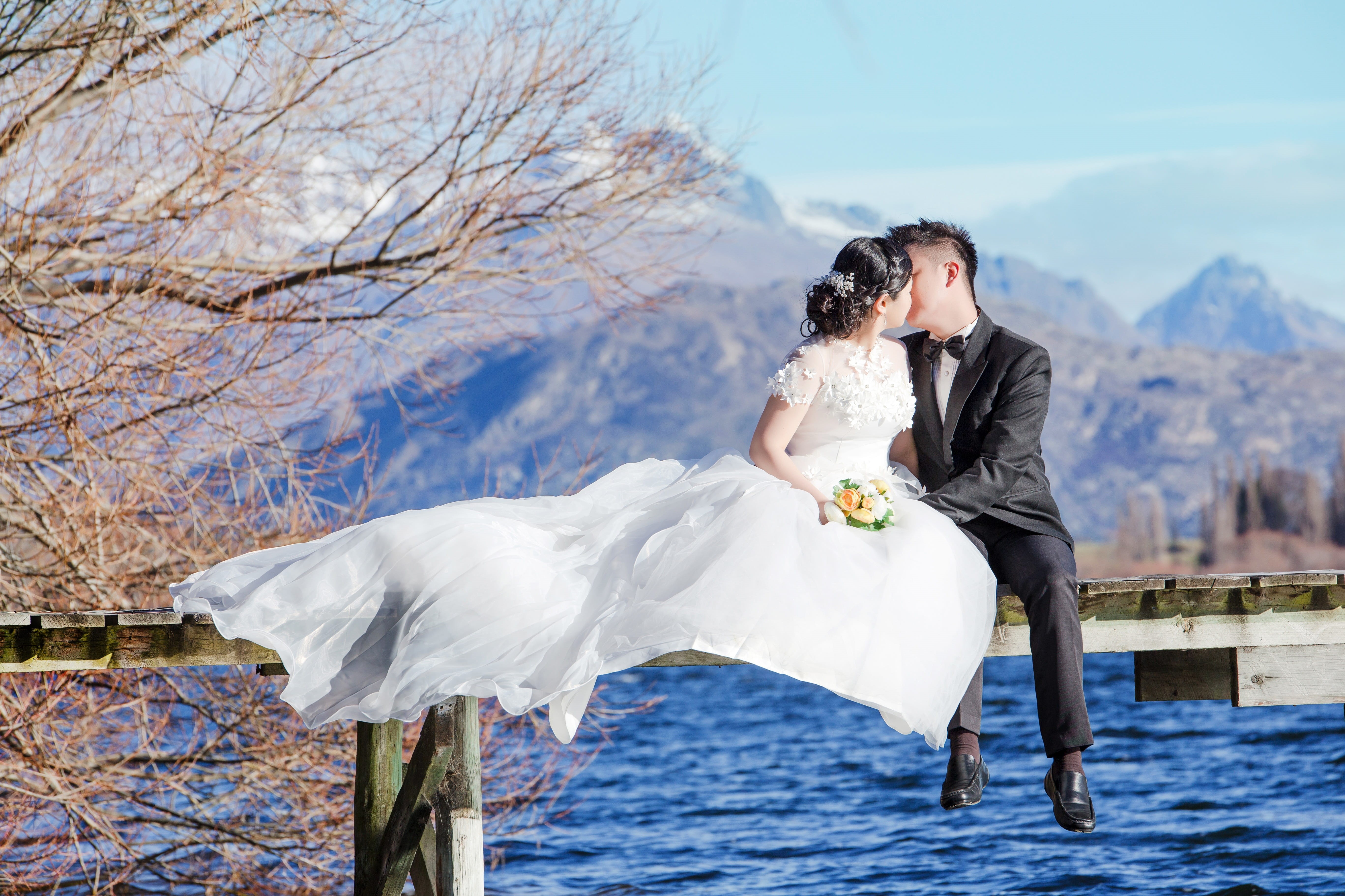nature, sky, romantic, happiness, water, 5K, two people, wedding gown, environment, love, kissing, couple, focus, tree, married, mountain, wedding, engagement, HD Wallpaper