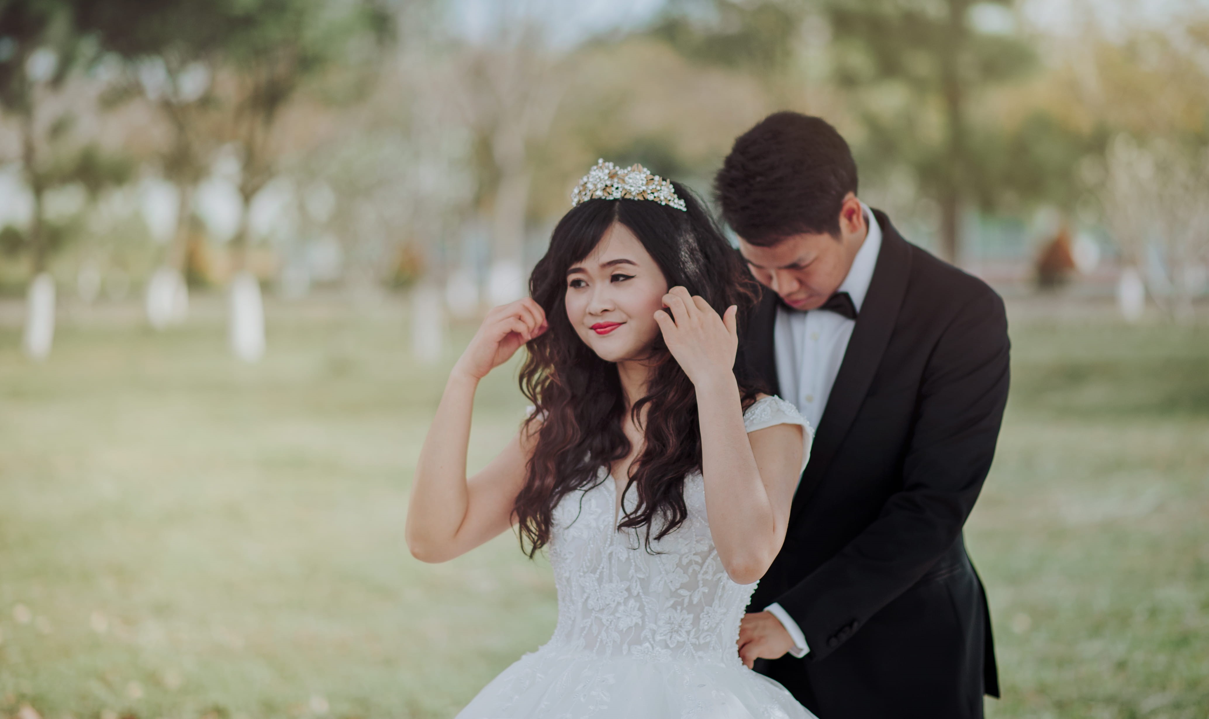 model, affection, person, close-up, young couple, celebration, nature, dress, bride, tying, bridal, positive emotion, two people, park, women, woman, portrait, HD Wallpaper