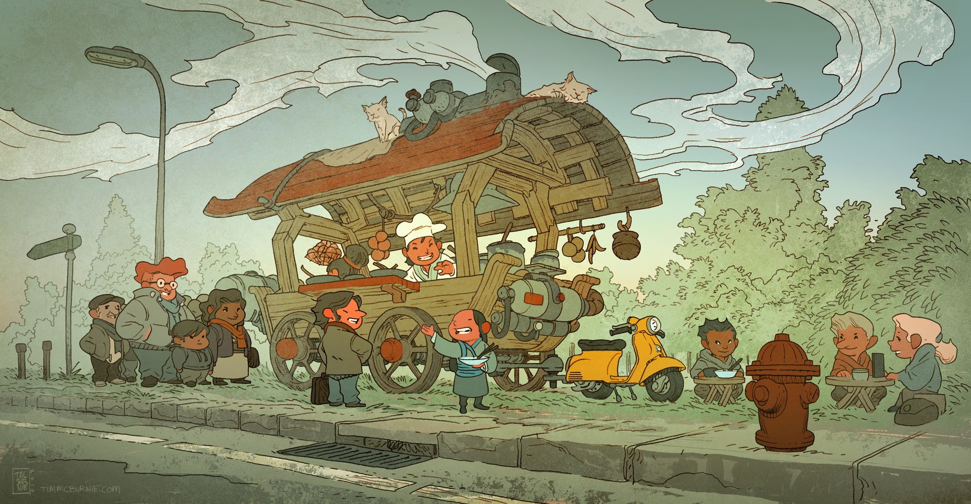 drawing, fire hydrants, cat, people, vehicle, 1080P, Salesman, food, street, sidewalks, trees, men, HD Wallpaper