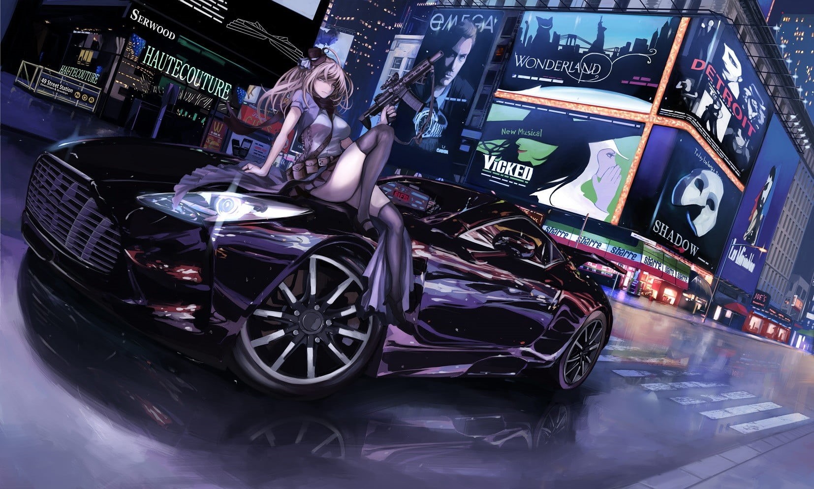 travel, outdoors, long hair, built structure, transportation, anime girls, wheel, reflection, New York City, street, no people, 720P, Alice in Wonderland, HD Wallpaper
