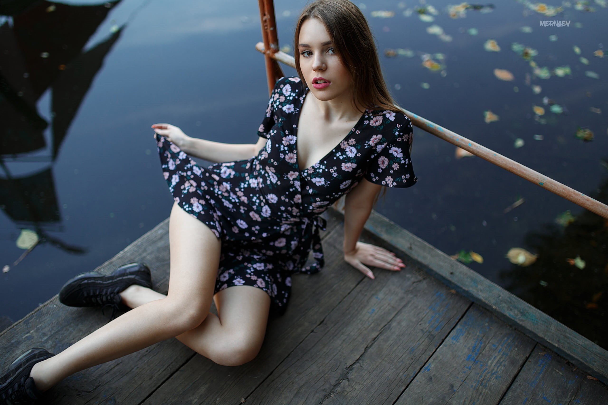 cleavage, hairstyle, casual clothing, fashion, lifting dress, full length, looking at viewer, sitting, adult, women outdoors, brunette, brown eyes, women, HD Wallpaper