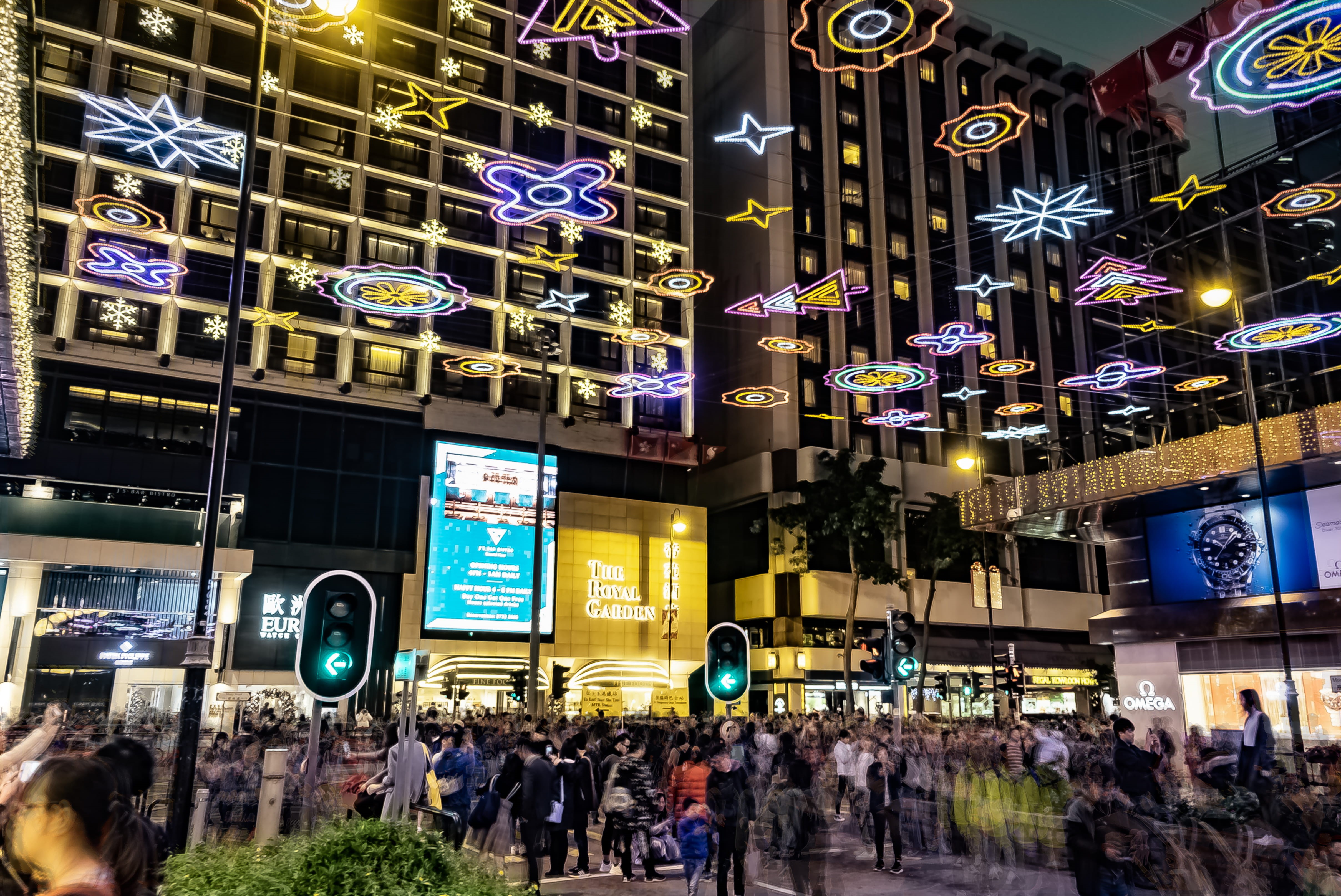 lighting equipment, street, night, modern, decoration, festival, nighttime, people, billboard, group of people, built structure, tourism, illuminated, urban, HD Wallpaper