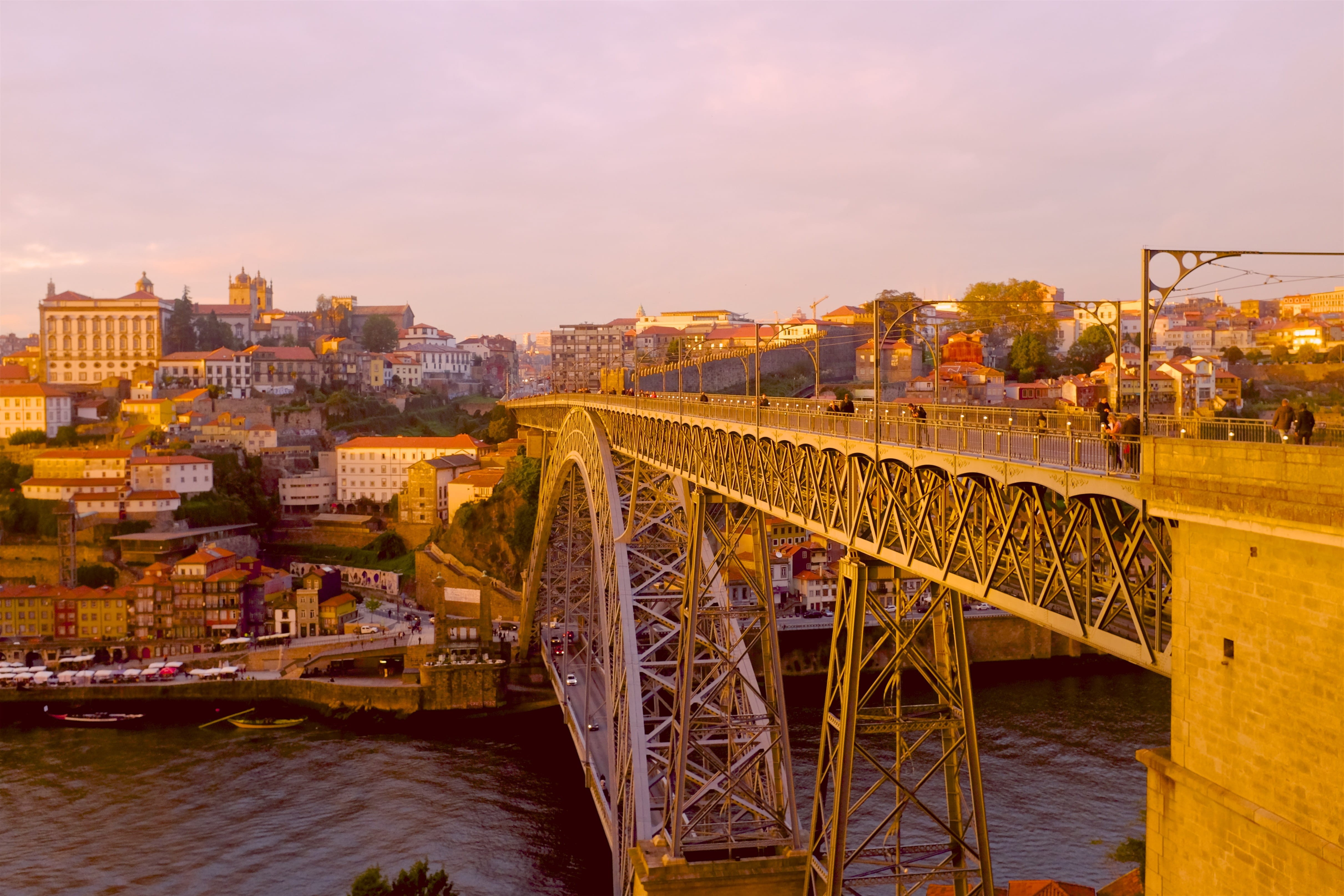 cloud - sky, 4K, view, connection, outdoors, water, streetview, built structure, dusk, porto, travel destinations, color, transportation, bridge, portugal, HD Wallpaper