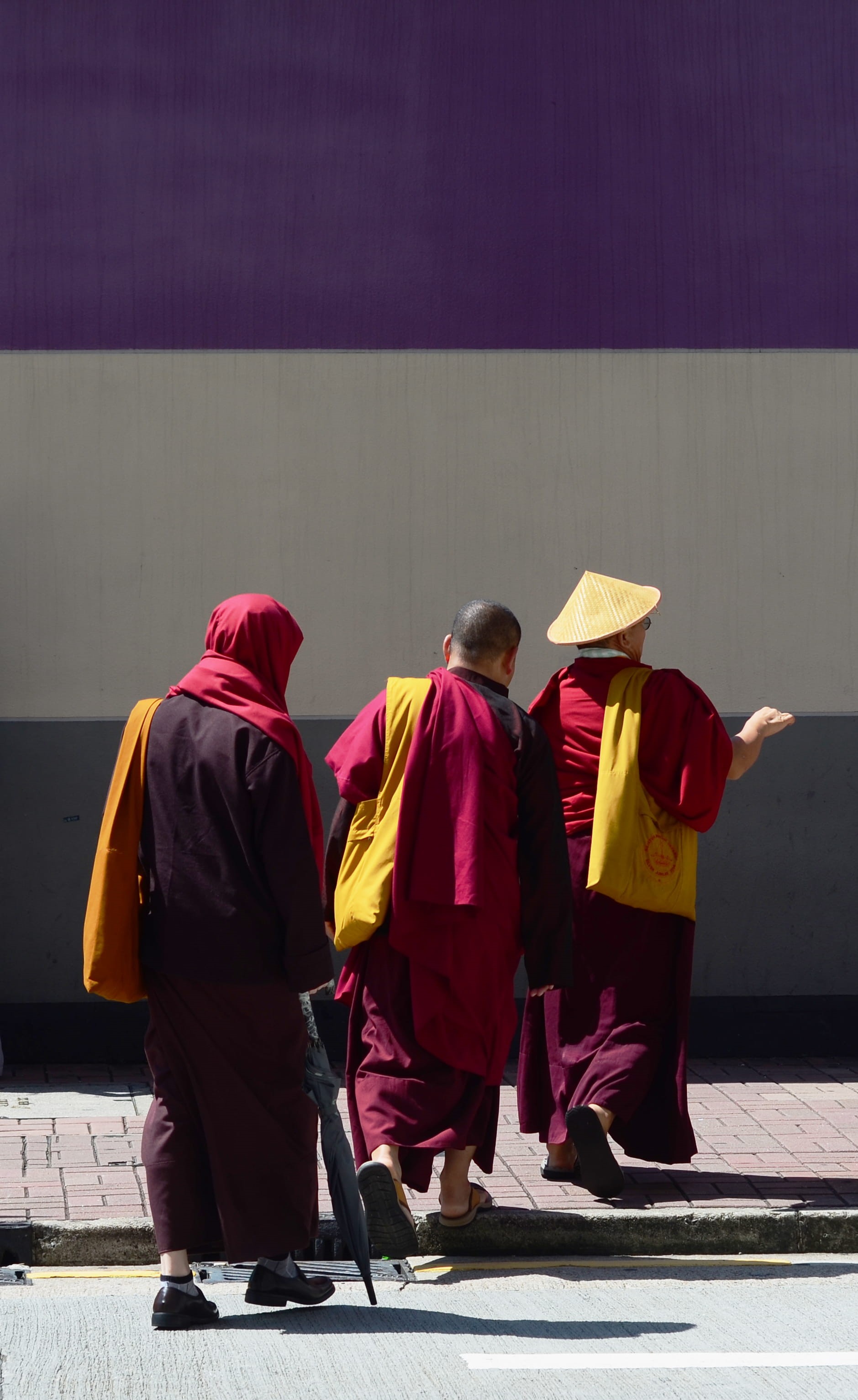traditional clothing, colors, walking, group of people, spirituality, monks, people, religion, men, street, 2K, hong kong, mtr prince edward station, full length, Phone HD Wallpaper
