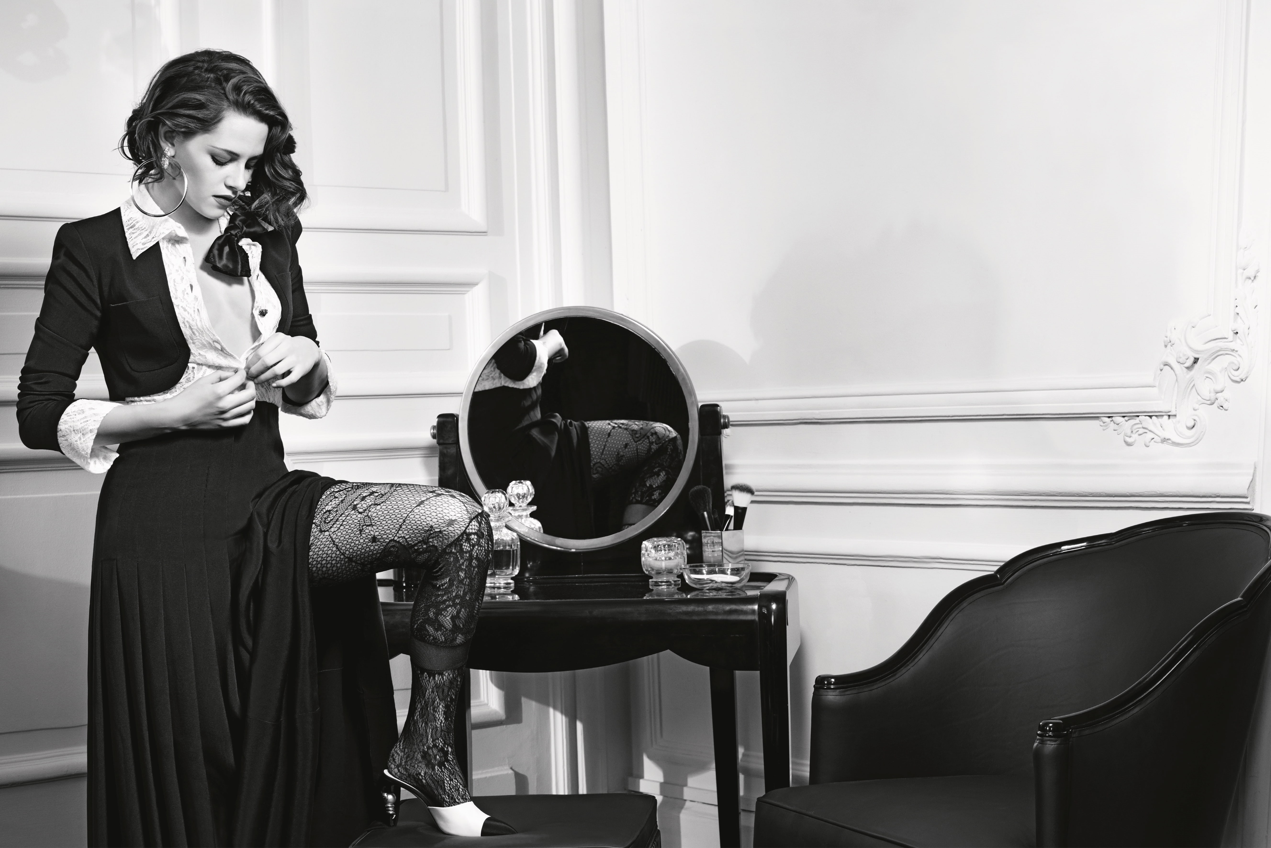 table, chair, model, advertising, Chanel, Kristen Stewart, interior, photo, mirror, 5K, Karl Lagerfeld, dress, hairstyle, black and white, actress, reflection, HD Wallpaper
