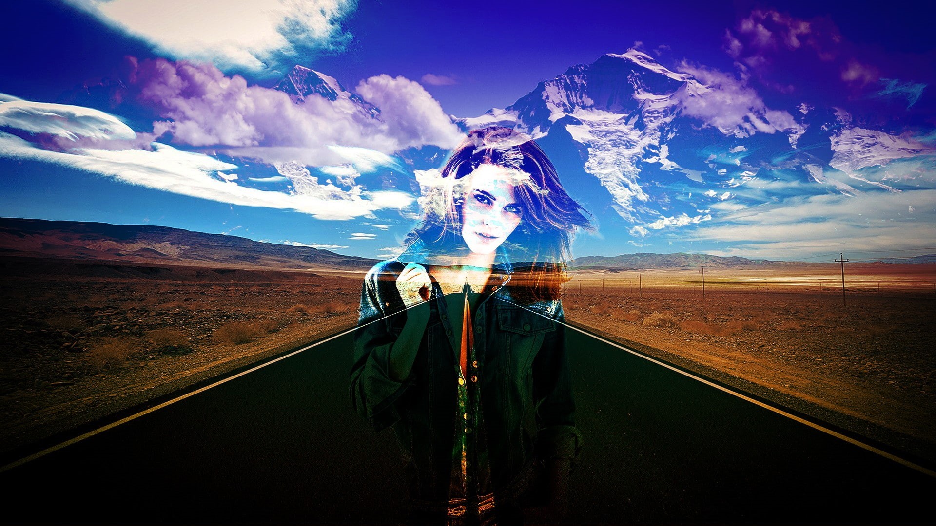 abstract, road, mountains, translucent, women, Photoshop, 1080P, HD Wallpaper