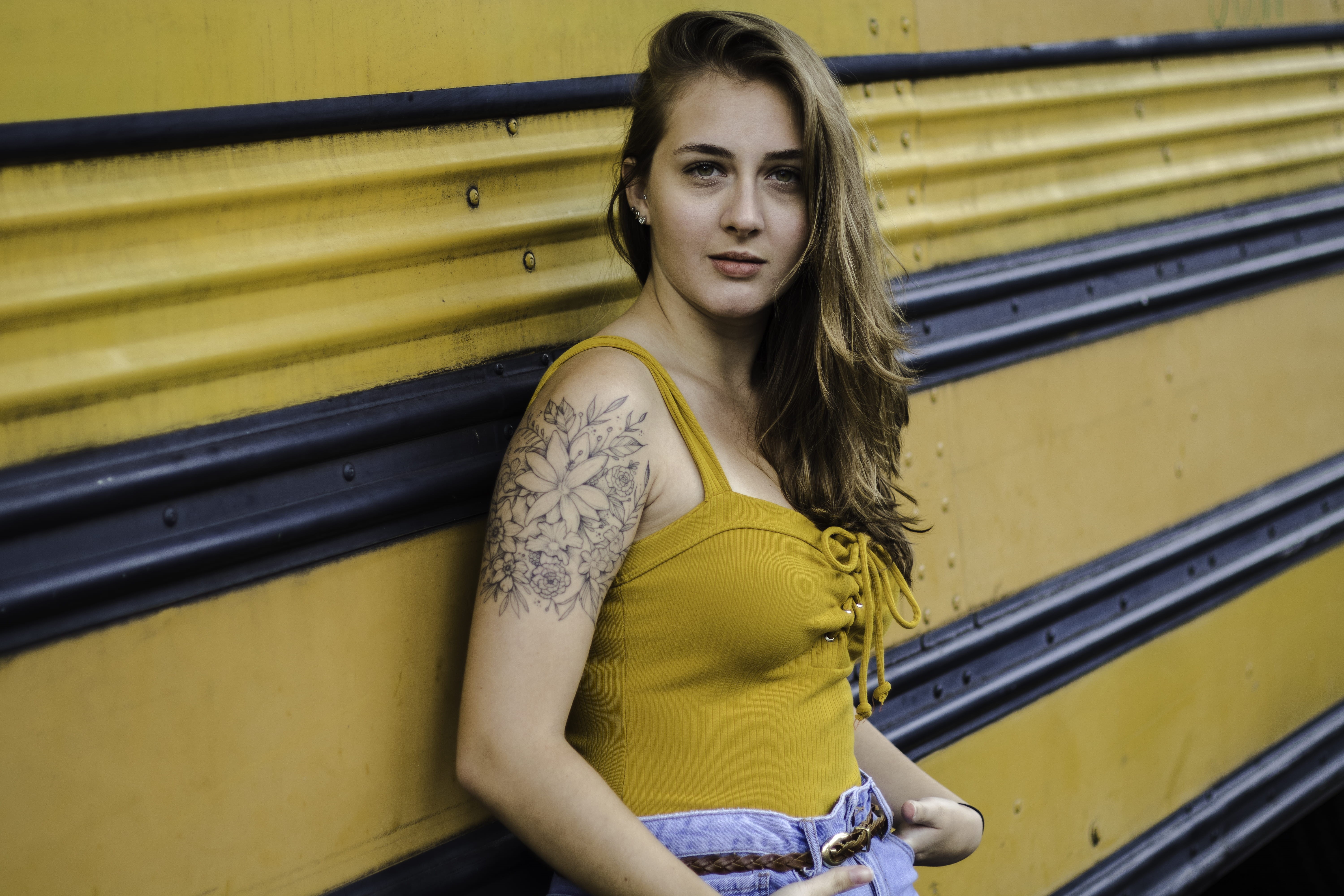 daylight, black, school bus, day, posing, pose, top, lace, university, beauty, three quarter length, female, wearing, street, tattoo, sitting, woman, bottoms, HD Wallpaper