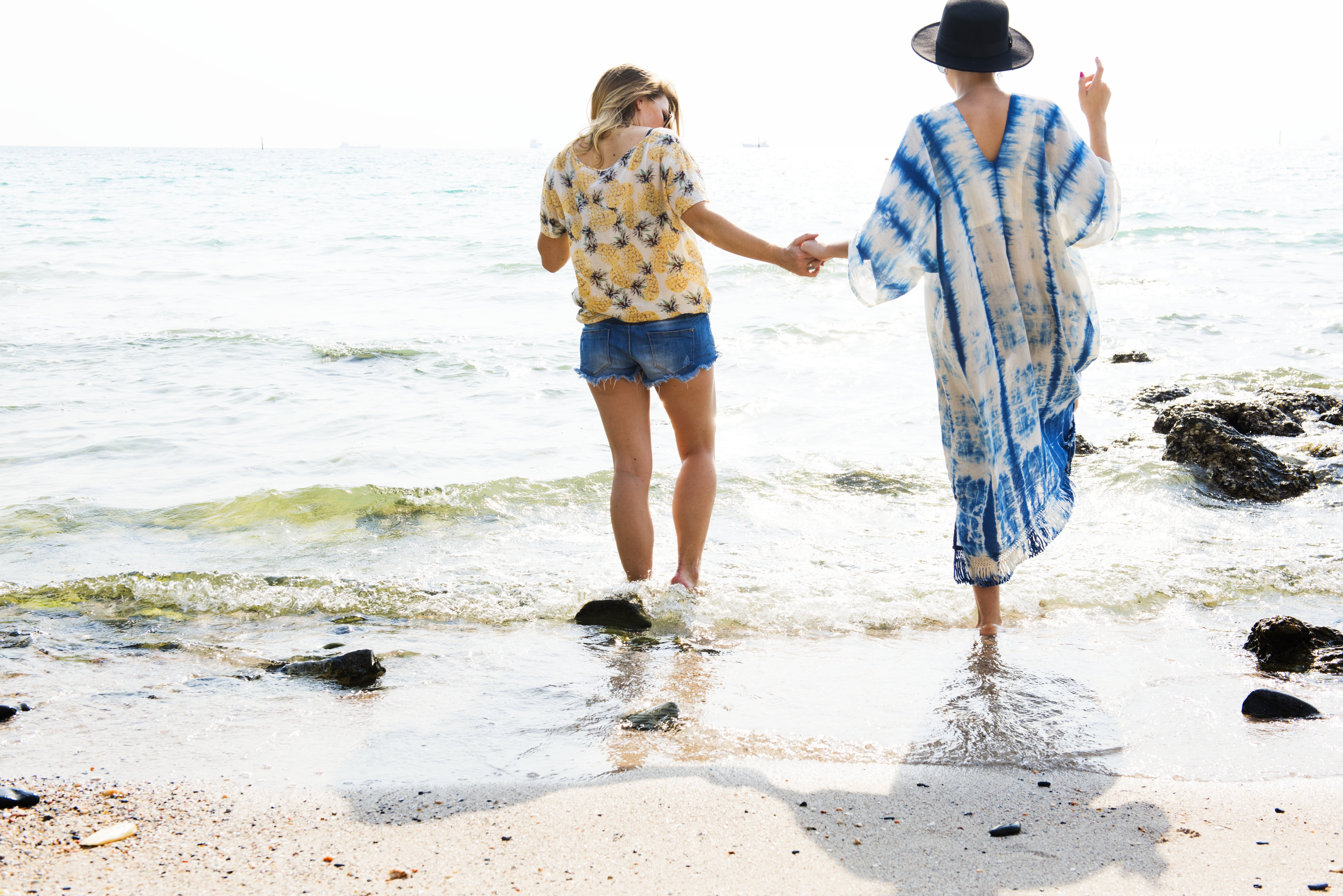 peace, walking, beautiful, young, heterosexual couple, bonding, activity, beach, love, chill, rear view, togetherness, water, full length, fresh, serene, HD Wallpaper
