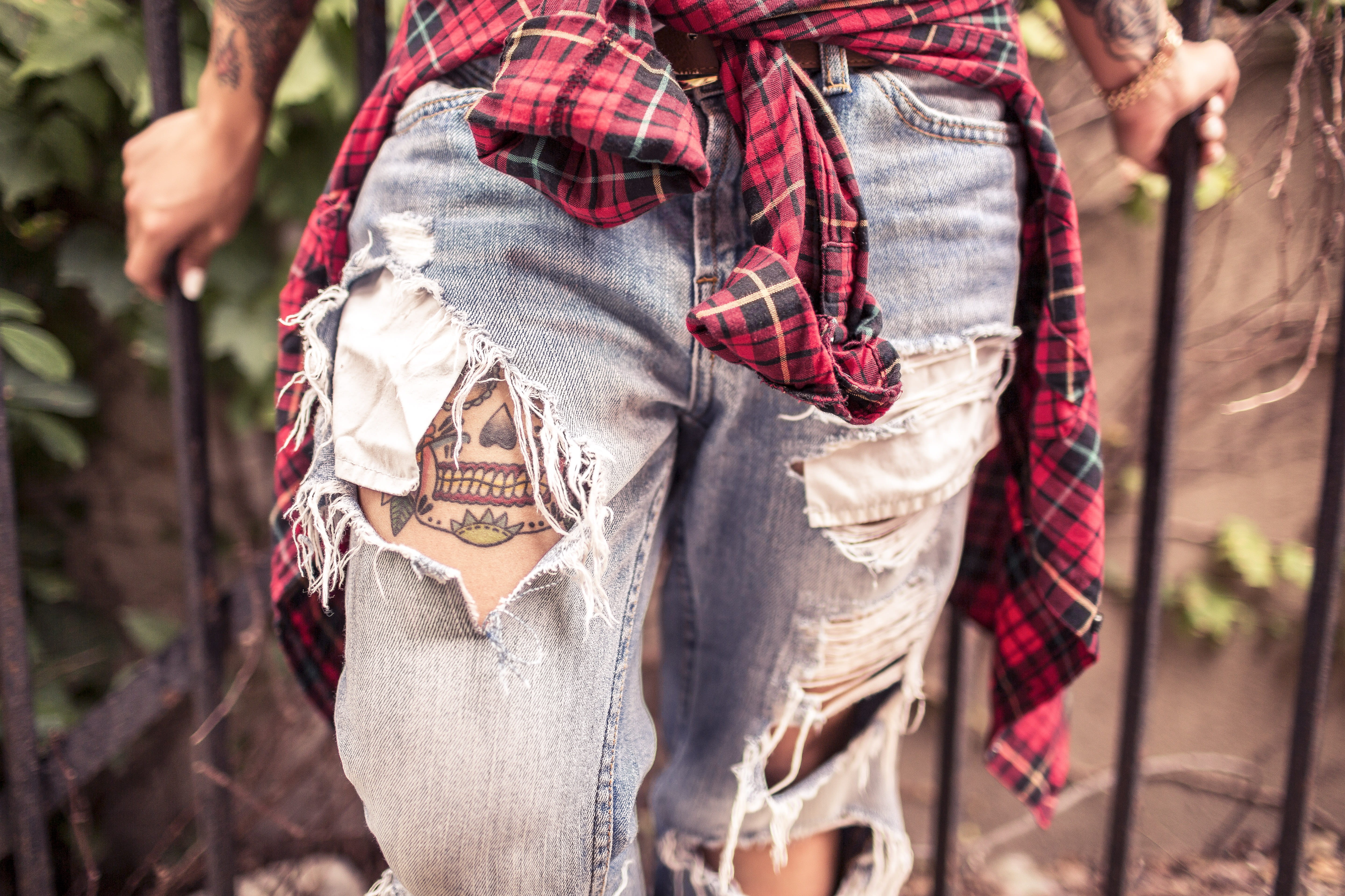 standing, tattoo, girl, mammal, clothing, leaning, midsection, hipster, denim, day, rips, youth, cultures, domestic, flannel, incidental people, jeans, HD Wallpaper