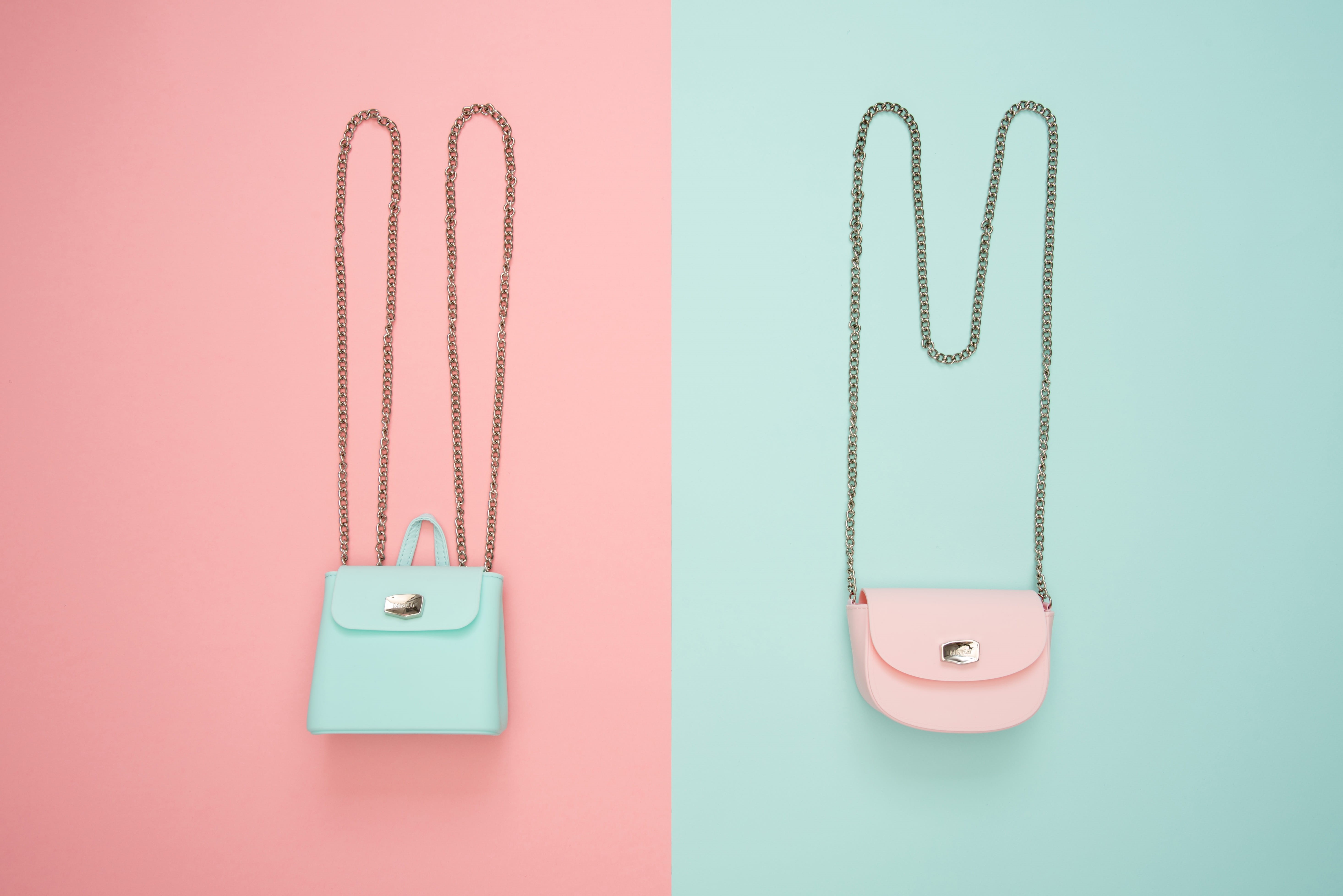 hanging, indoors, colored background, blue, 5K, studio shot, purses, pink, safety, no people, close-up, power supply, personal accessory, metal, electricity, HD Wallpaper