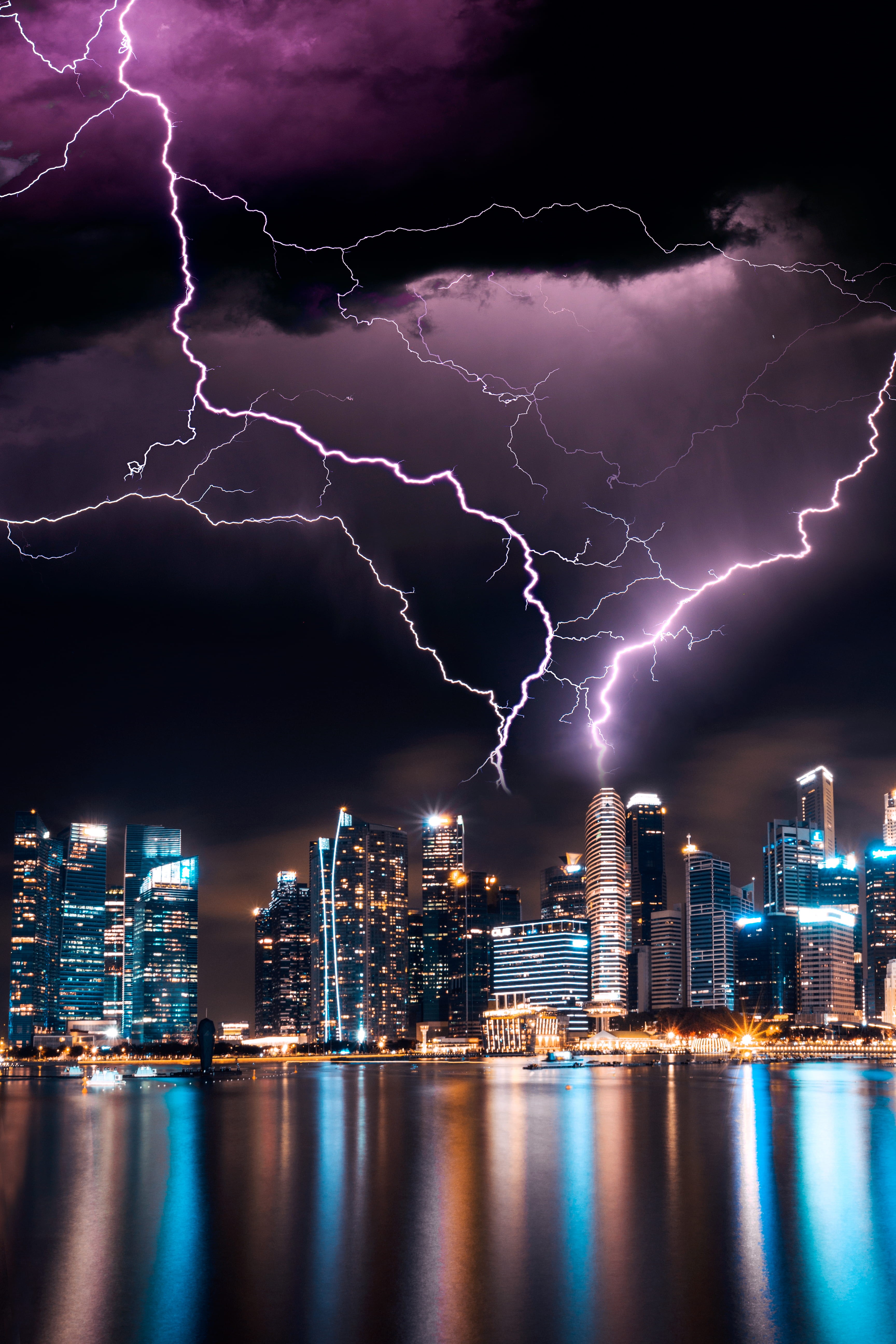 storm, office building exterior, waterfront, night, skyscraper, lightning, built structure, 5K, nature, no people, outdoors, thunderstorm, beauty in nature, Phone HD Wallpaper