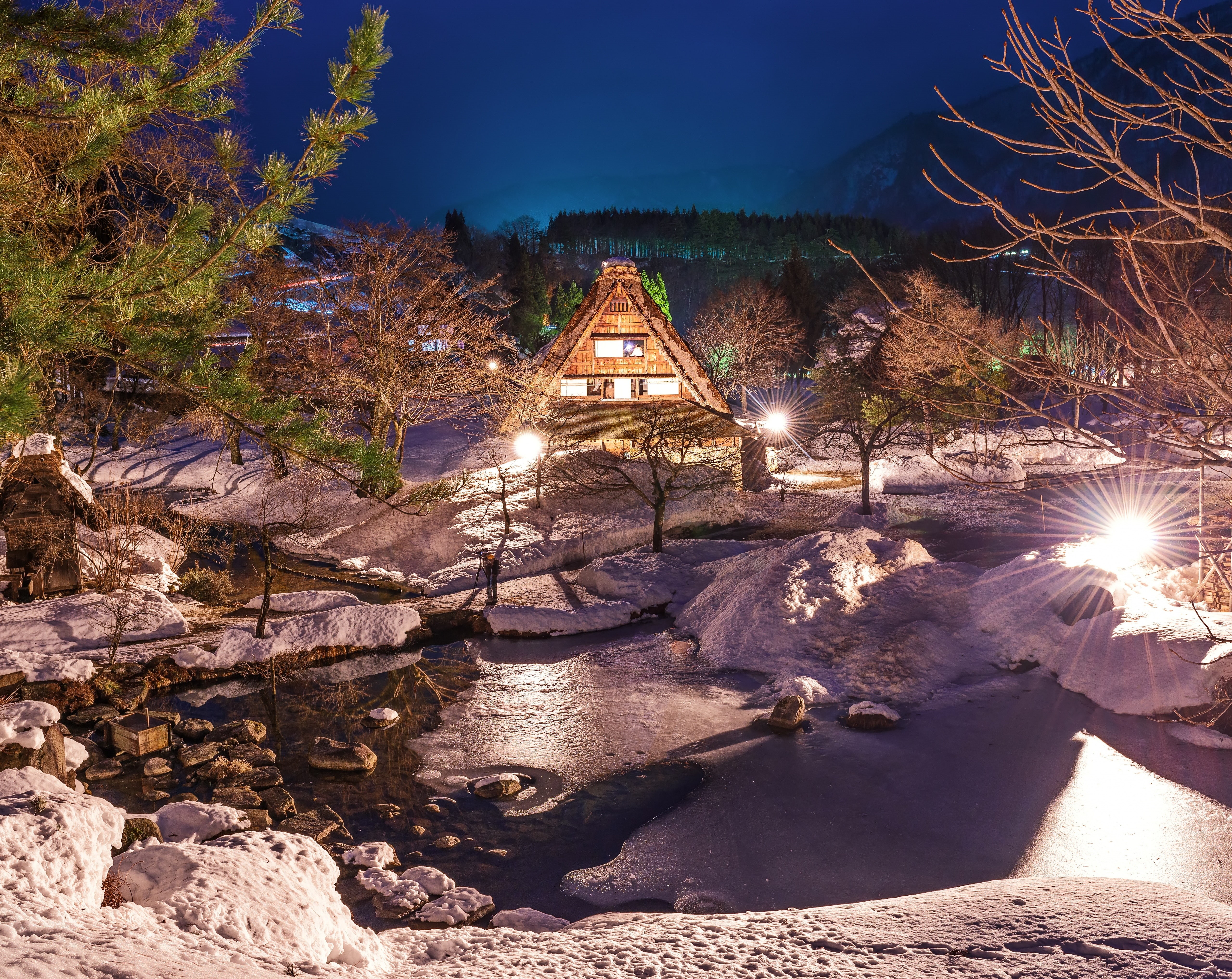 gifu, toyama, lightup, Winter, gassho, Houses, Snow, sunlight, tree, 5K, Shirakawago, plant, nature, architecture, clearsky, nightphotography, Pond, Asia, HD Wallpaper
