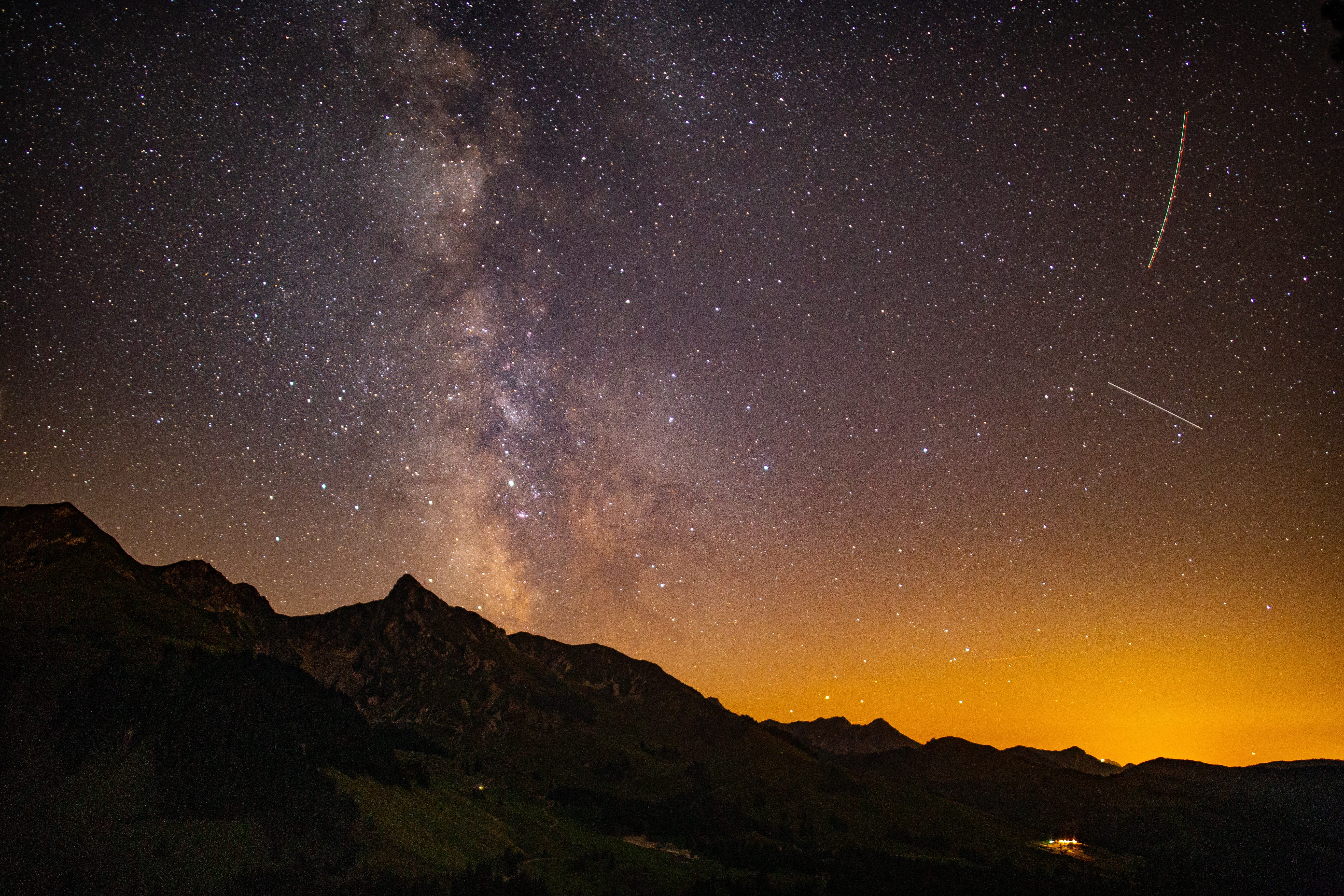 travel, landscape, airplane, space, astrophotography, milkyway, switzerland, exploration, orange, astrology, illuminated, majestic, top, star, dark, mountain, HD Wallpaper