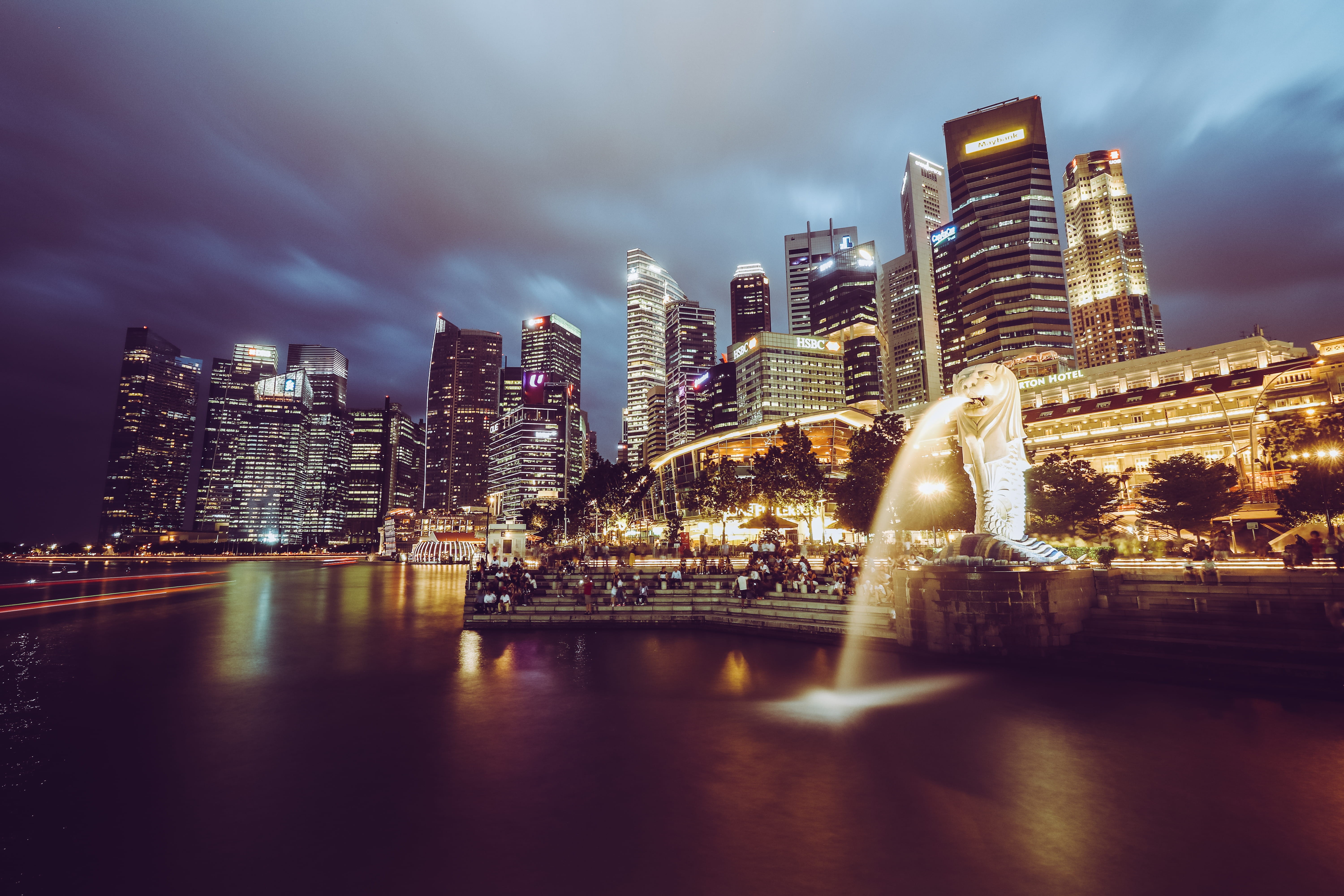 photography, water, 5K, tower, skyscraper, night, architecture, cloud - sky, river, nightphotography, waterfront, city, built structure, urban, singapore, HD Wallpaper