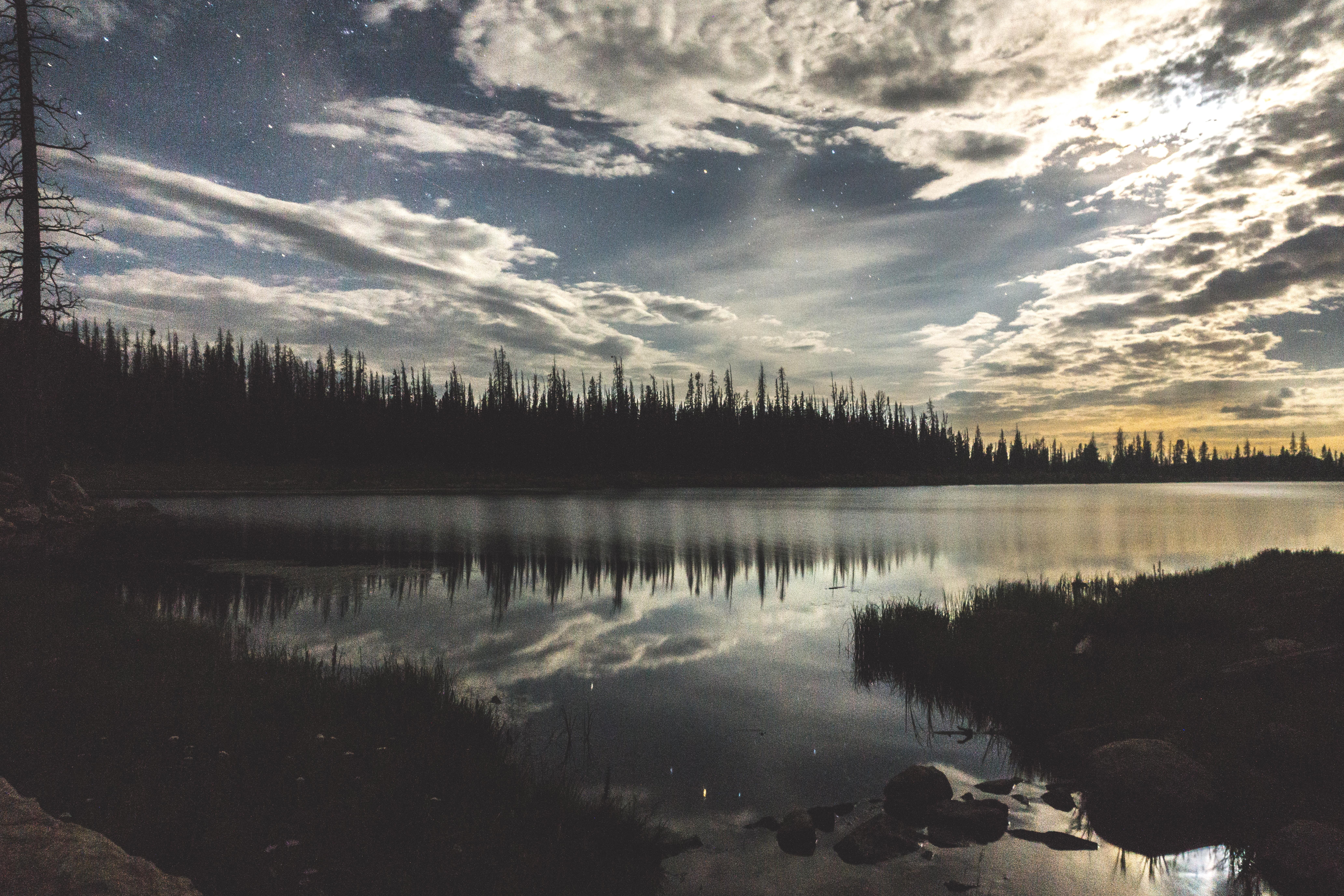 day, idyllic, united states, water, nightphotography, 8K, waterfront, clouds, tranquility, night, silhouette, high uintas primitive area, tranquil scene, HD Wallpaper