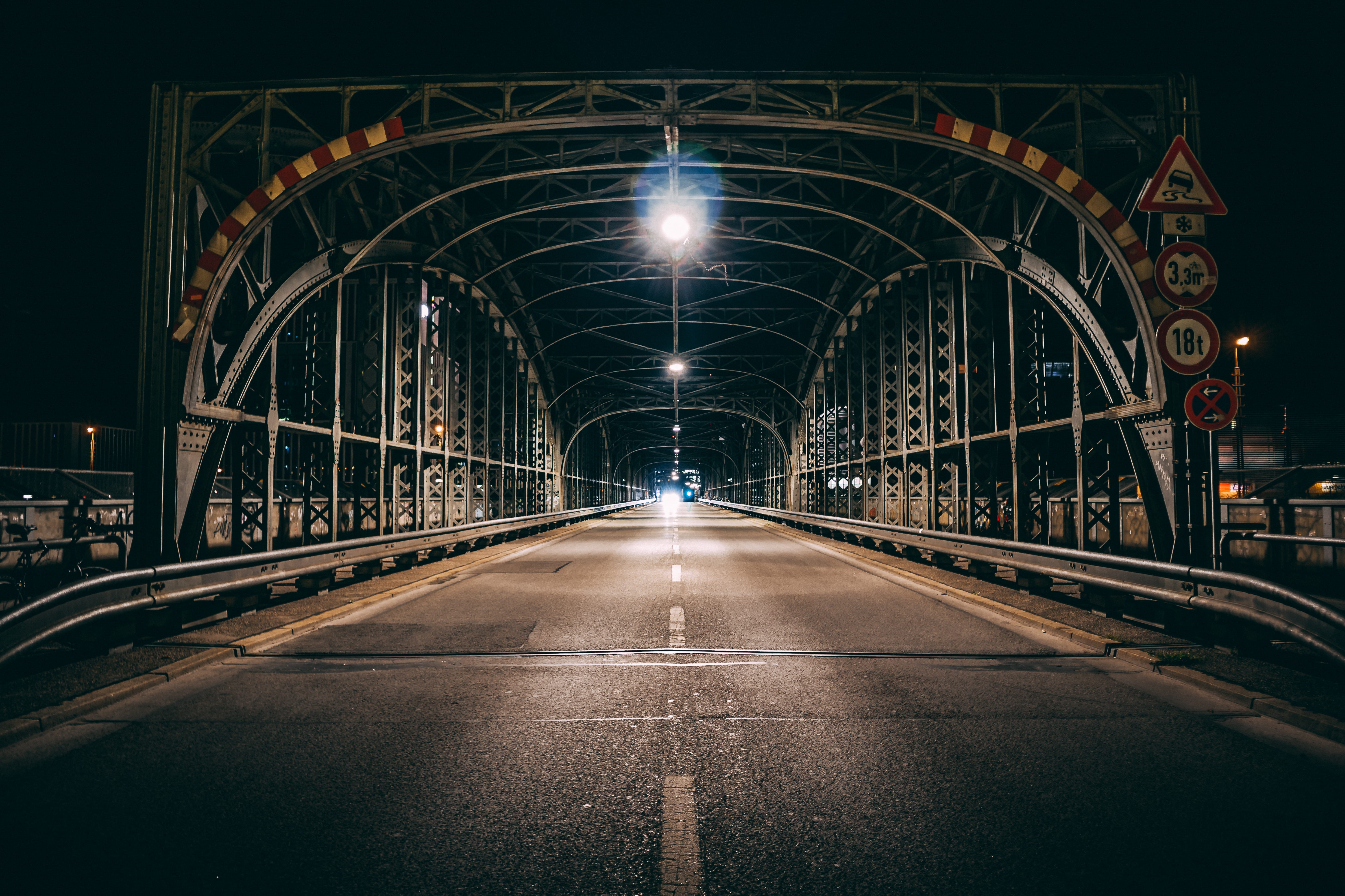 illuminated, outdoors, photo, sign, germany, city bridge, the way forward, light, travel, diminishing perspective, 5K, nightphotography, old bridge, direction, HD Wallpaper