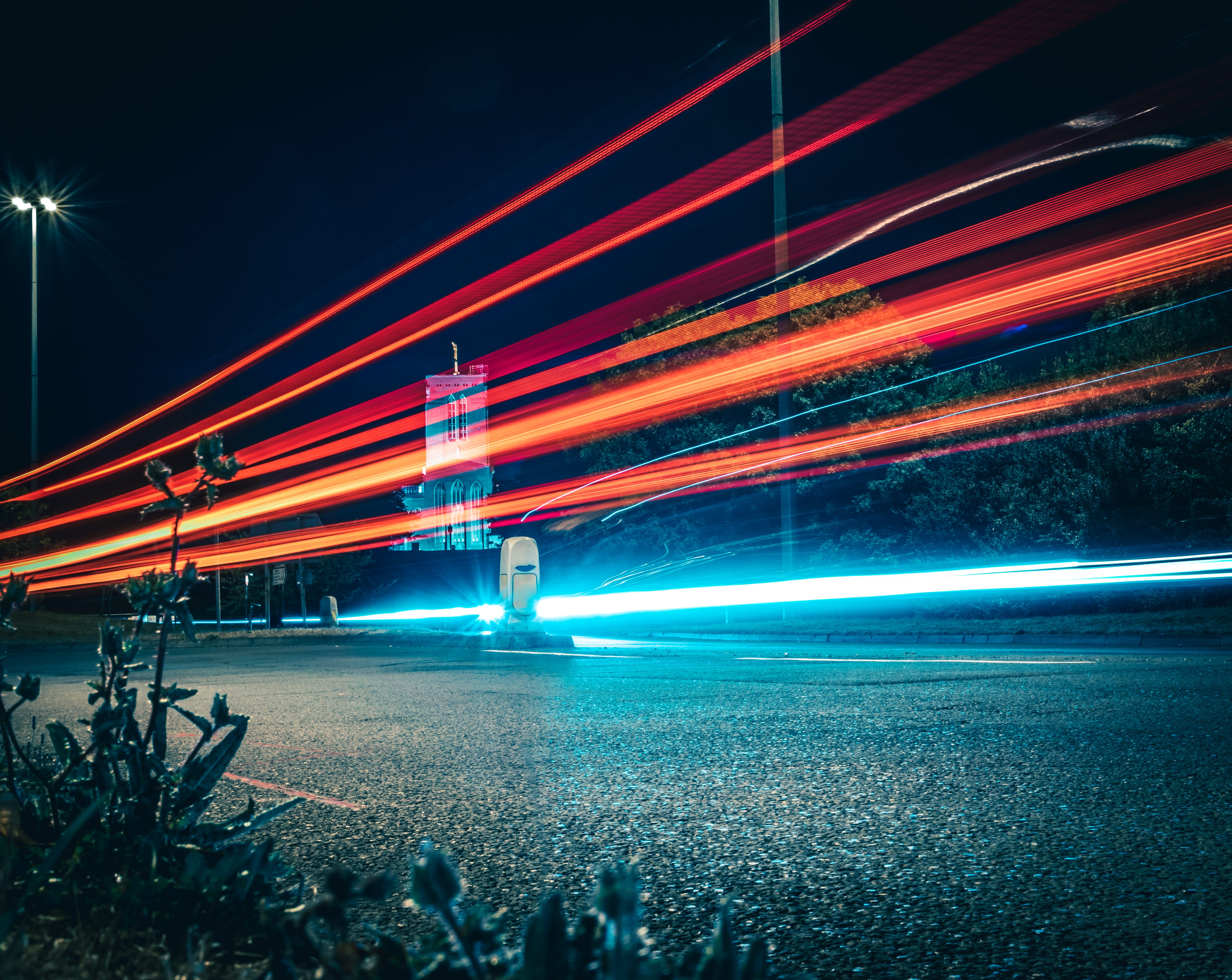 4K, lapse, blurred motion, motion, light beam, night time, guildford cathedral, street, city, arts culture and entertainment, lighting equipment, outdoors, HD Wallpaper