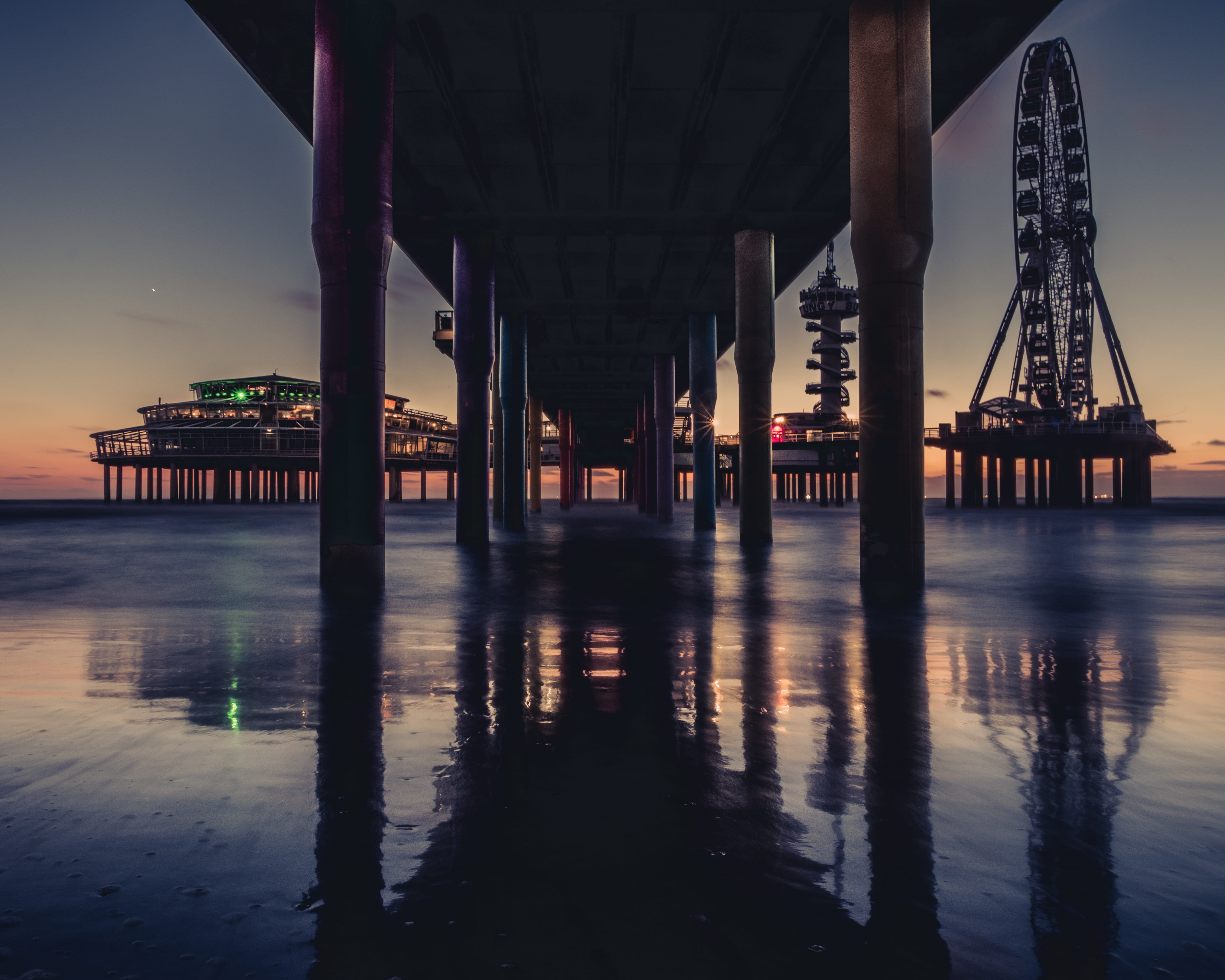bridge - man made structure, night, nightphotography, reflection, underneath, pier, outdoors, built structure, another, beach, netherlands, architecture, HD Wallpaper