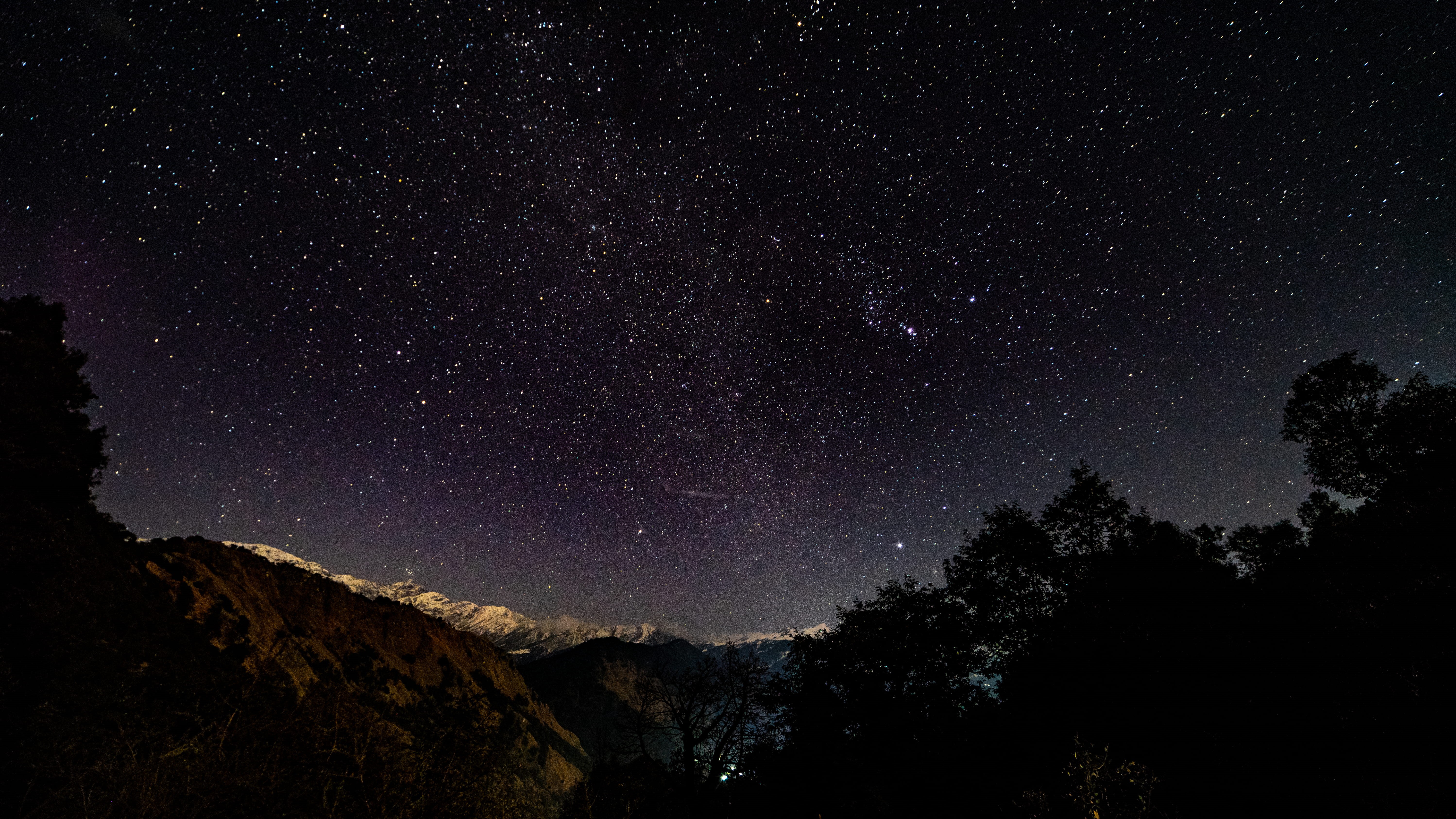5K, space and astronomy, chandrashila, tree, plant, nighttime, trees, nightsky, night, tranquility, sky, beauty in nature, himalayas, village, galaxy, HD Wallpaper