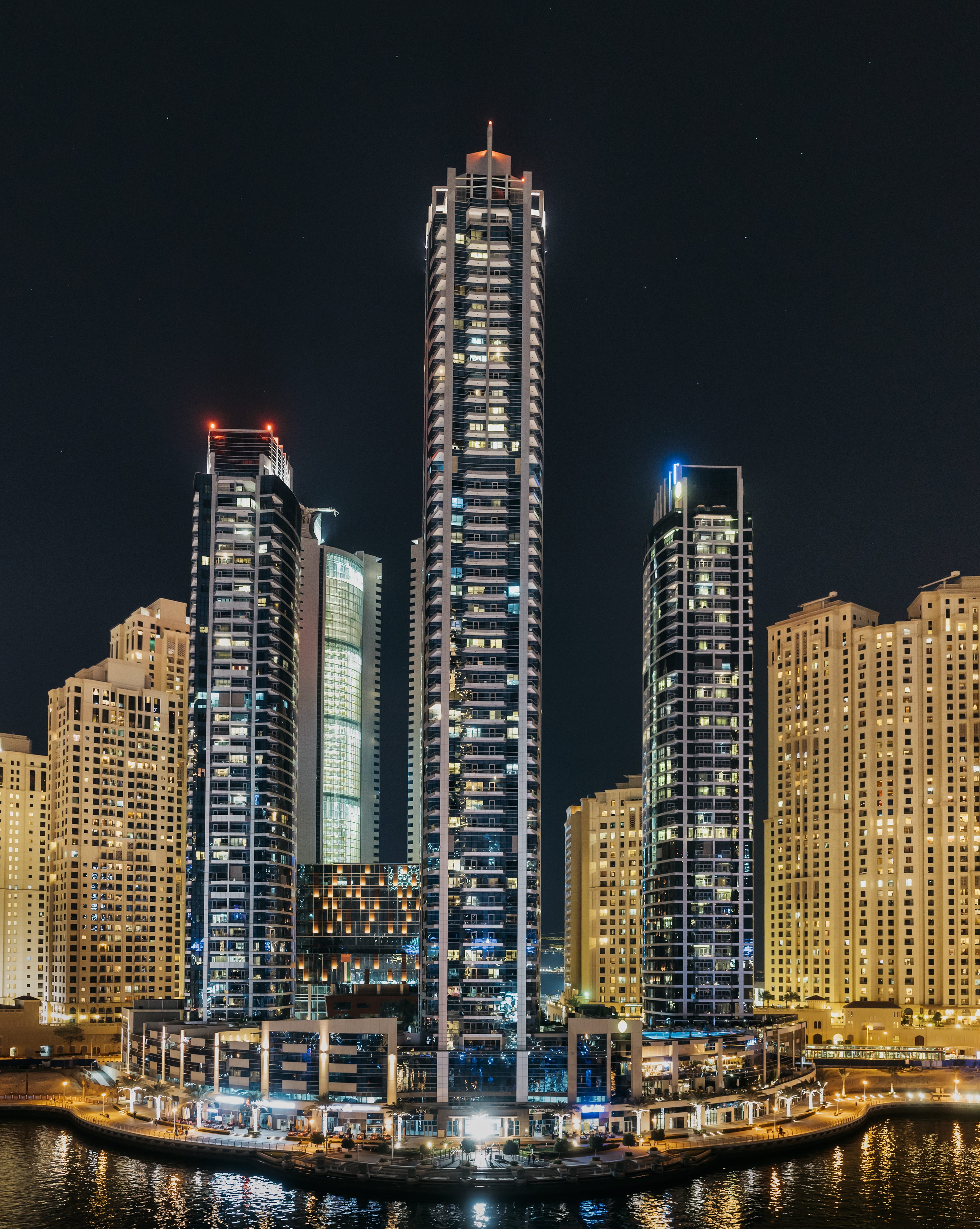 residential district, near, skyscraper, building, 4K, modern, nightphotography, office building exterior, skyline, body, shore, lighted, marina, financial district, Phone HD Wallpaper