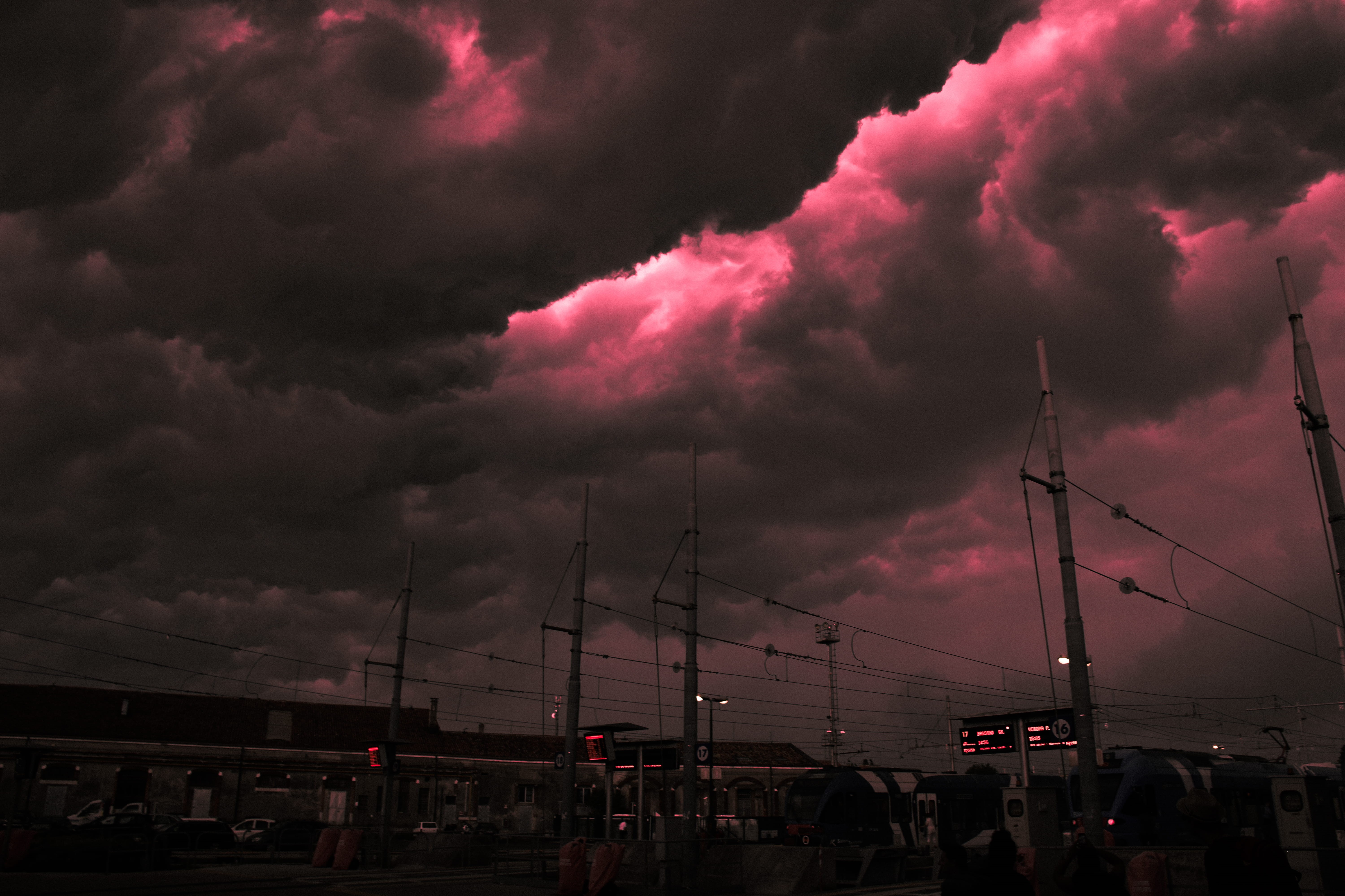 nightphotography, stazione di venezia santa lucia, italy, night, cloud - sky, venice, pink, building exterior, dramatic sky, skies, colourful, mode of transportation, HD Wallpaper