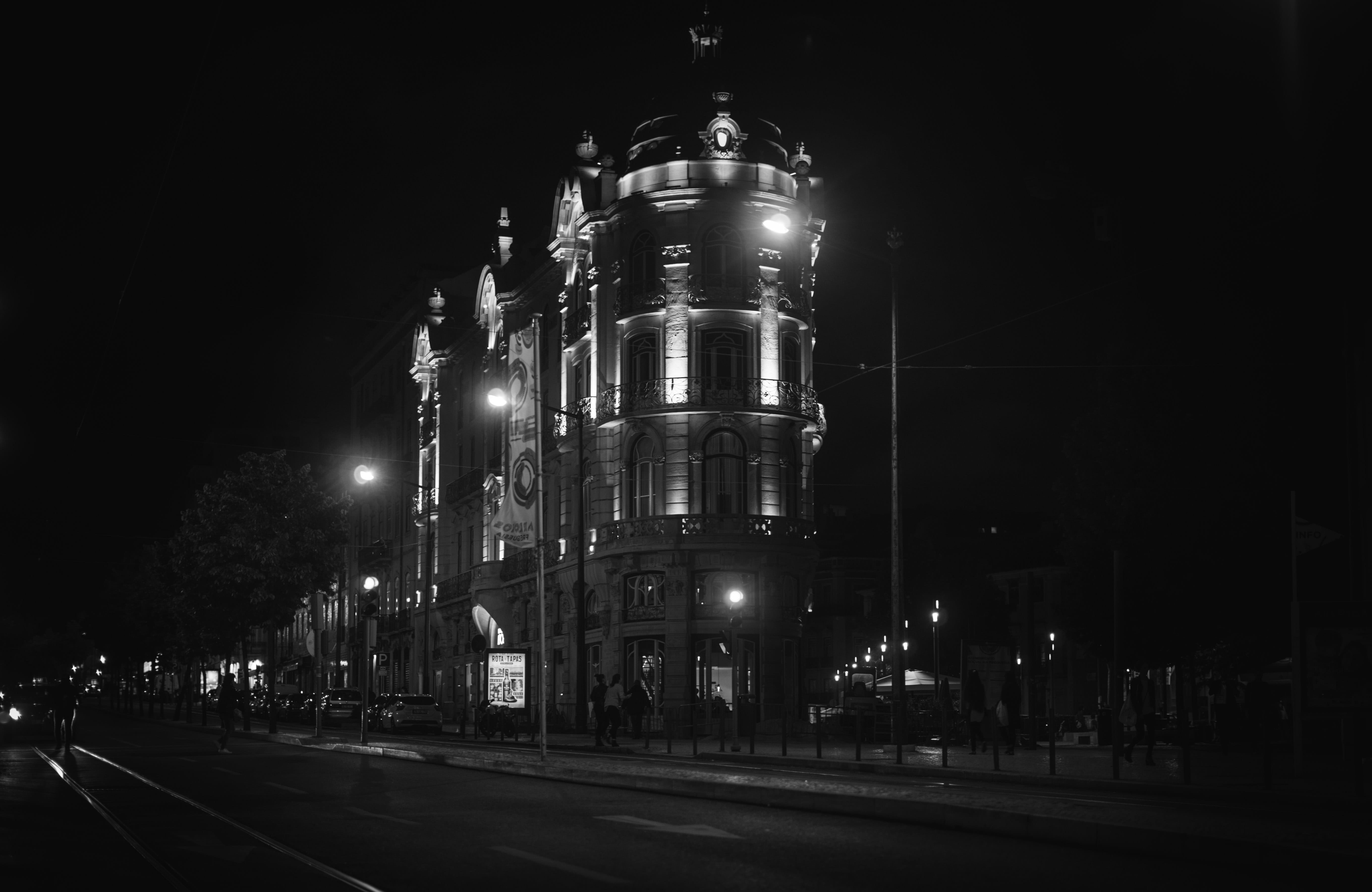 illuminated, lisbon, lighting equipment, travel, built structure, street, building, night, no people, travel destinations, nightphotography, bw, nature, HD Wallpaper