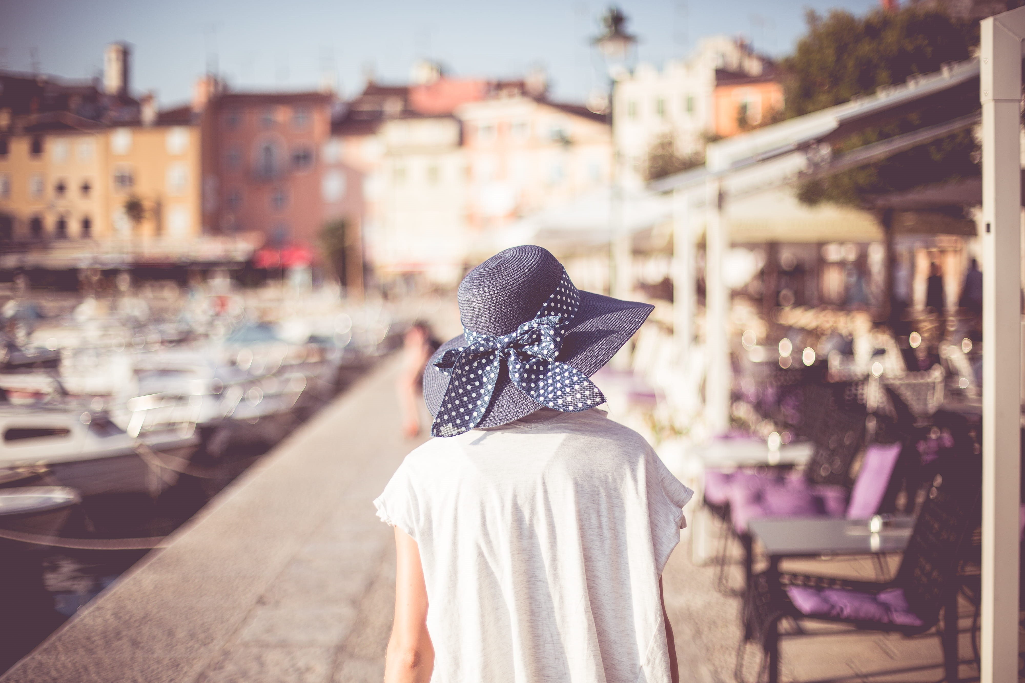 built structure, adult, walking, focus on foreground, Rovinj, traveling, room for text, hat, europe, travel Destinations, one Person, females, tourist, HD Wallpaper
