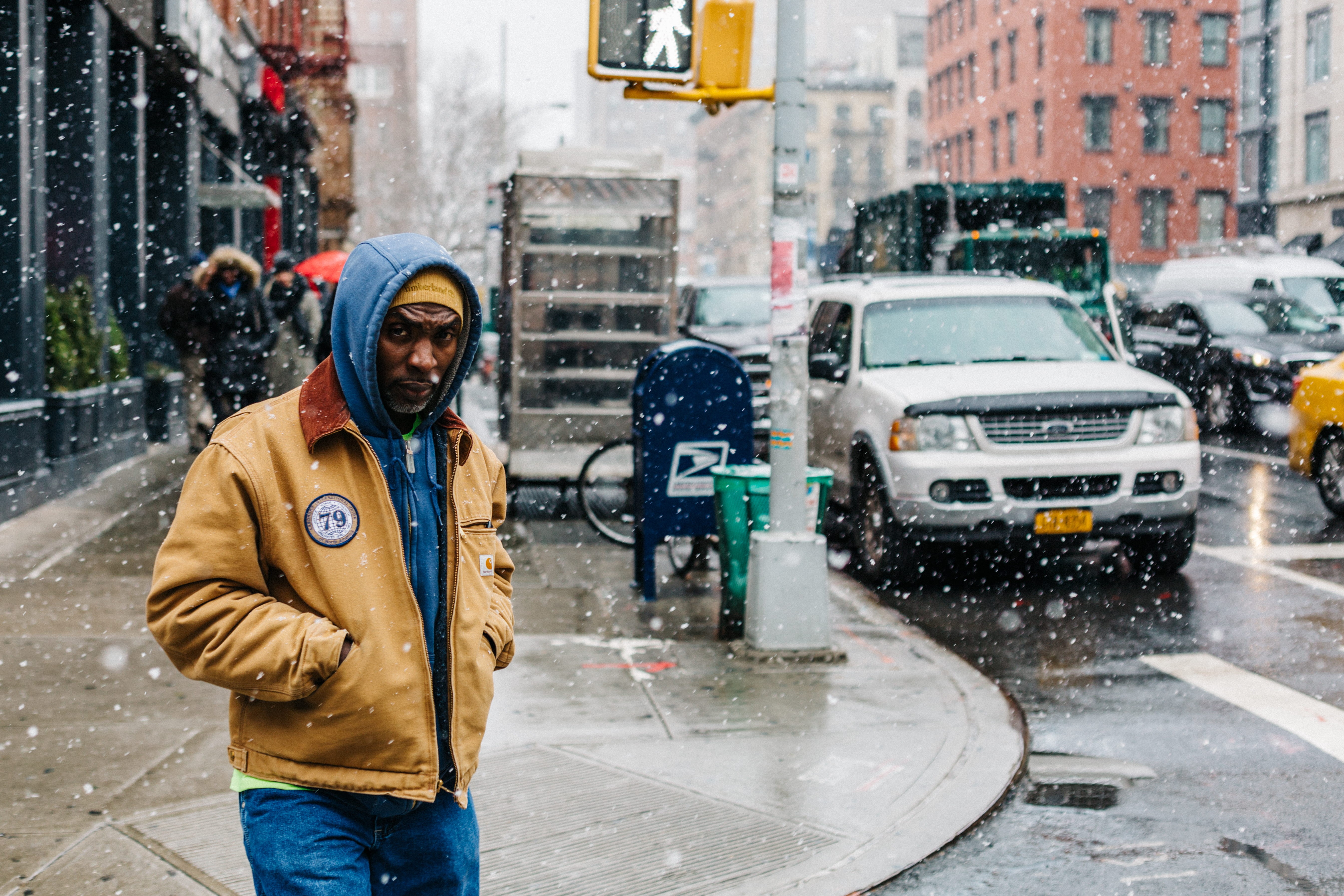 guy, african american, urban Scene, one Person, snowing, street, car, wearing, rain, standing, road, city street, men, transportation, males, man, 5K, HD Wallpaper