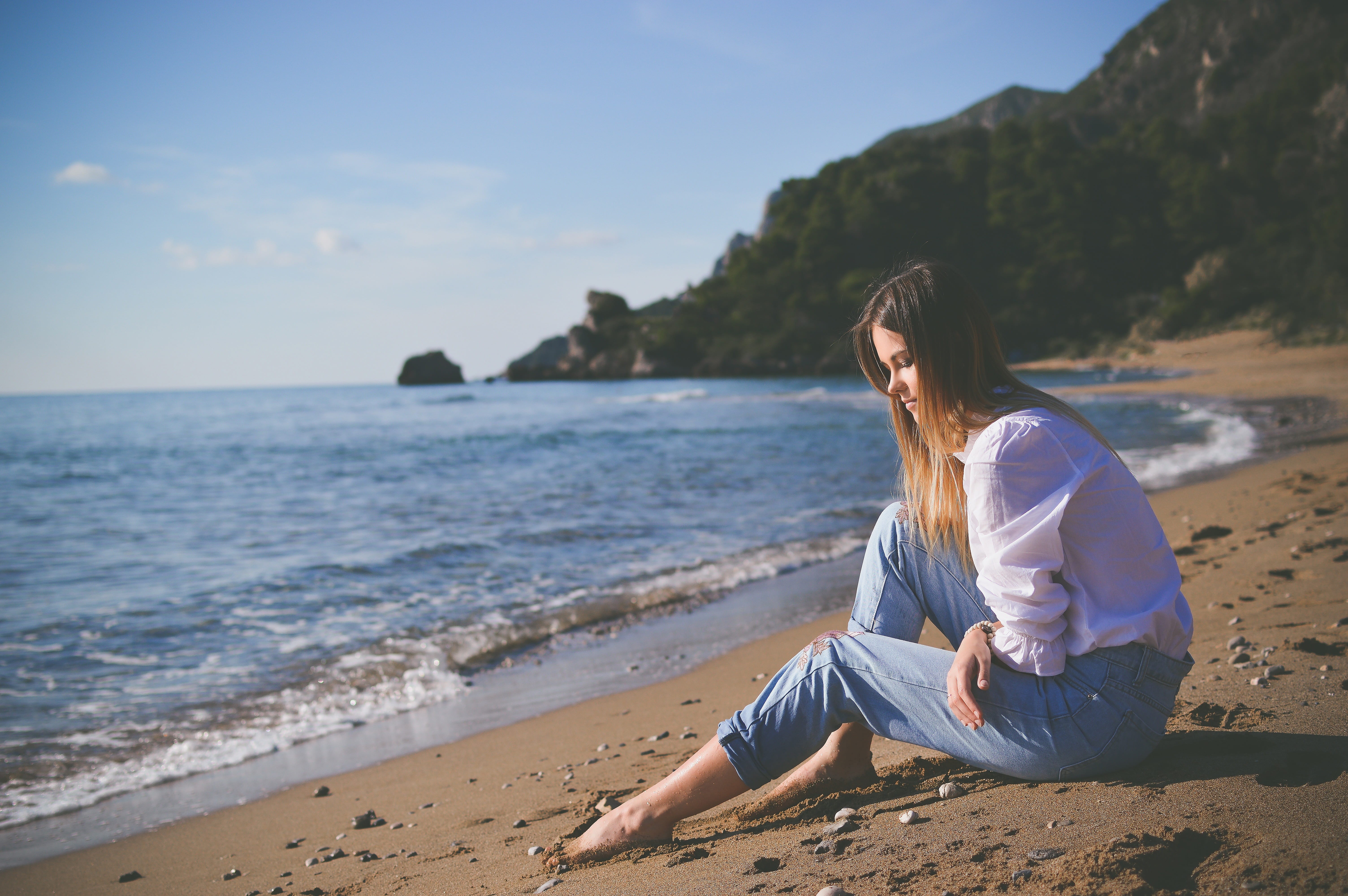 relaxation, sad, hairstyle, alone, full length, sitting, 5K, outdoors, seashore, sand, woman, casual clothing, one person, sea, shore, girl, nature, long hair, HD Wallpaper