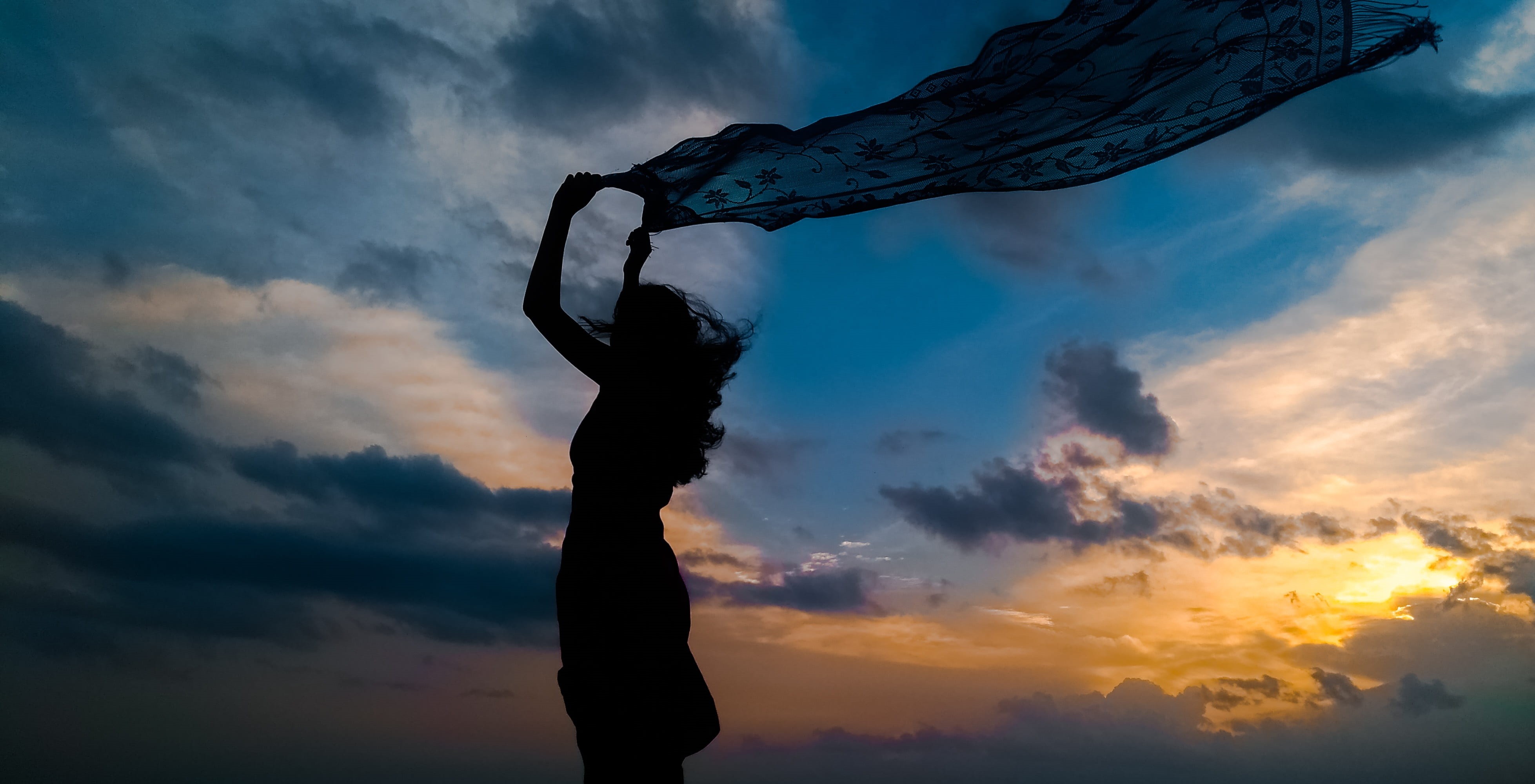 determination, sunlight, adventure, light, scenery, girl, sky, travel, sunset, cloudscape, arms raised, clouds, mountain, dress, silhouette, environment, HD Wallpaper