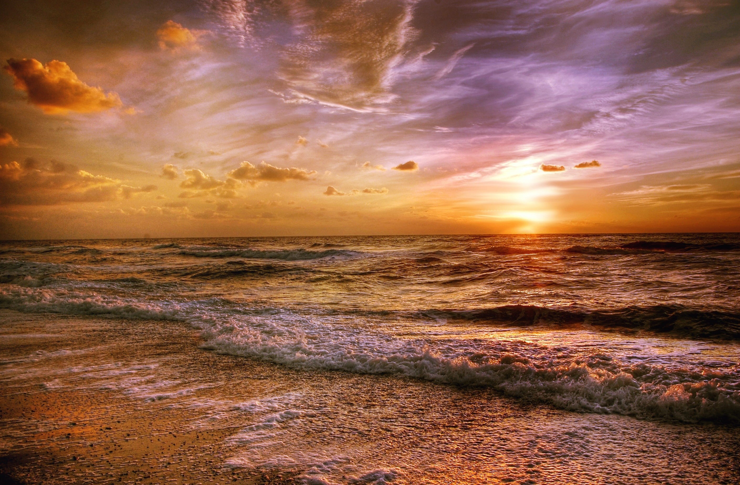 waves, orange, blue, landscape, horizon, body of water, land, atmosphere, motion, weather, seashore, abendstimmung, orange color, horizon over water, mysterious, HD Wallpaper