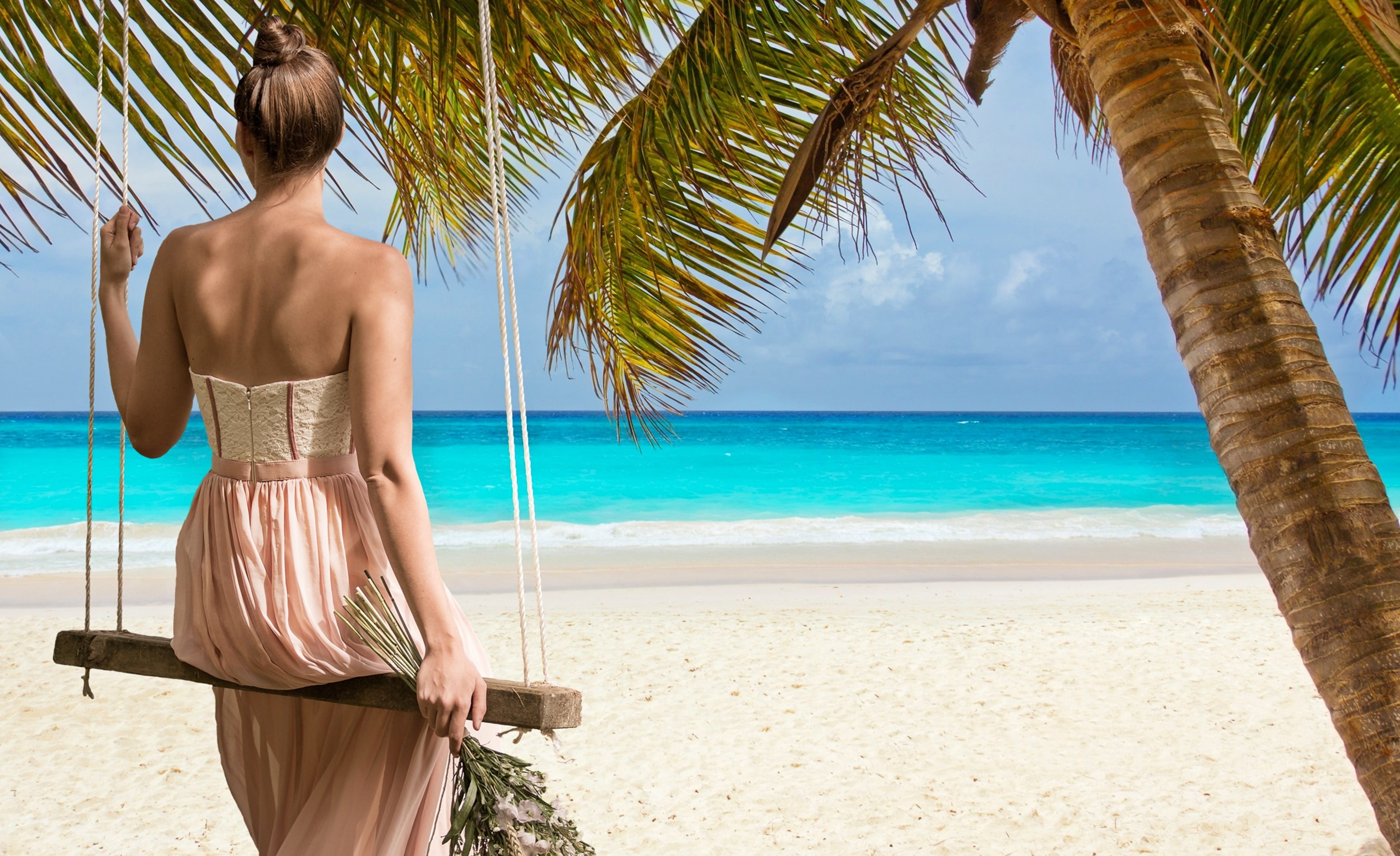 vacations, adult, swing, trip, longing, rear view, leisure activity, find silence, landscape, silent, woman, postcard, watching, atmosphere, coast, swing blue, HD Wallpaper