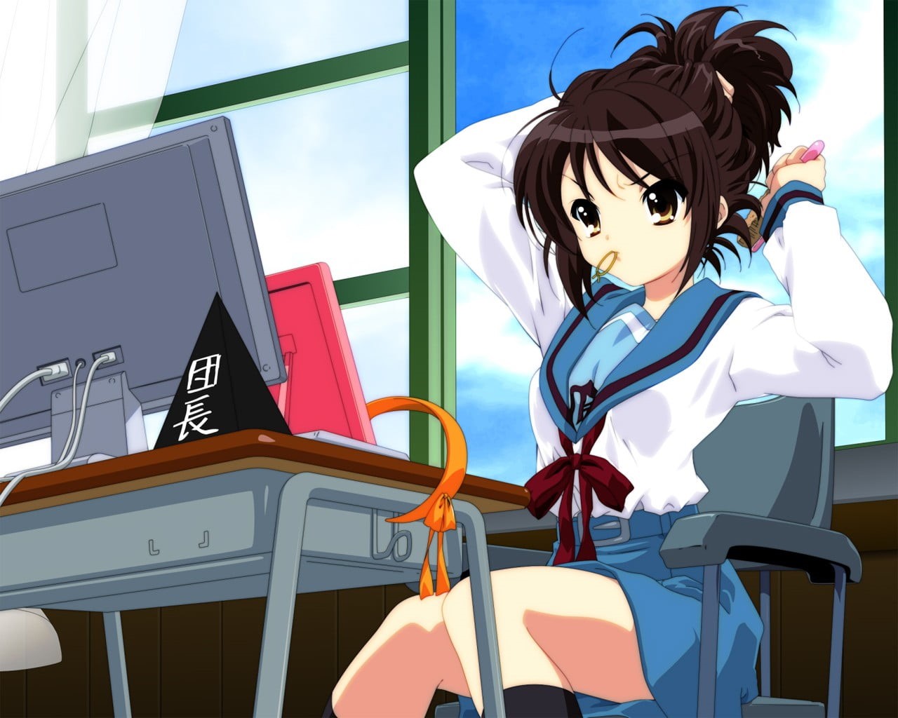 outdoors, art and craft, day, lifestyles, furniture, chair, front view, The Melancholy of Haruhi Suzumiya, representation, 720P, people, sunlight, sitting, HD Wallpaper