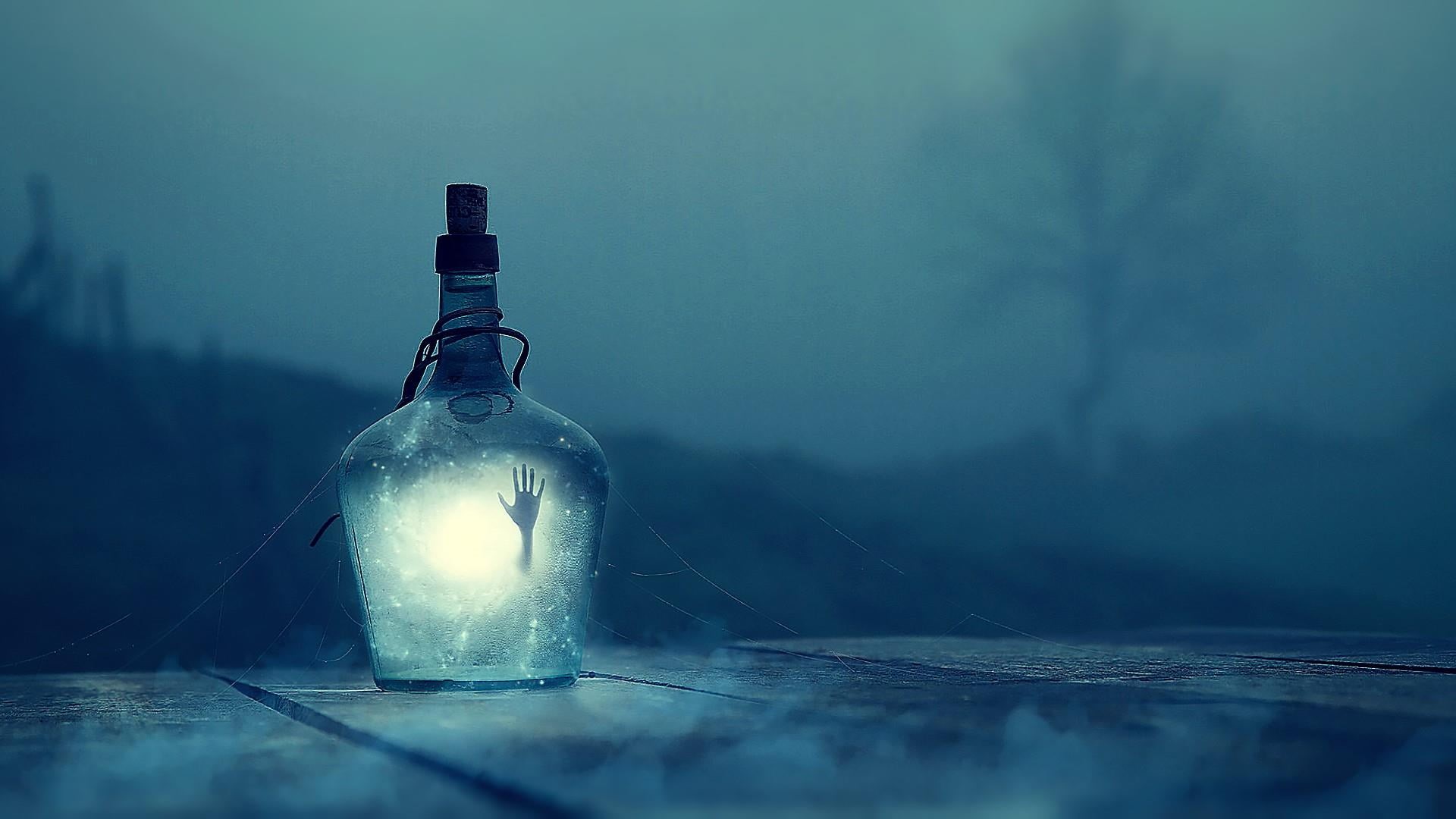selective focus, bottle, dark, cold temperature, single object, fog, still life, melancholy, surface level, blue, blue background, nightlife, mistic, hand, HD Wallpaper