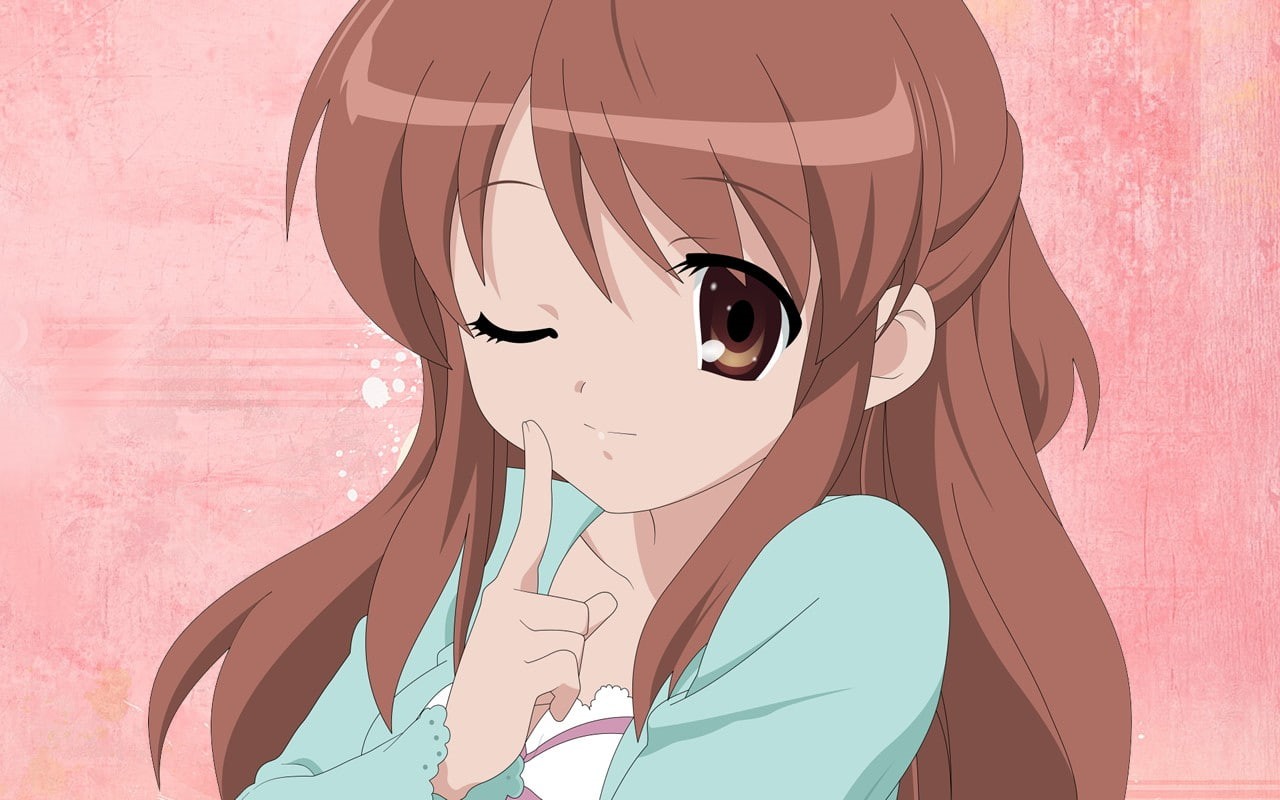 digital composite, representation, 720P, wall - building feature, obscured face, portrait, pink color, The Melancholy of Haruhi Suzumiya, colored background, HD Wallpaper