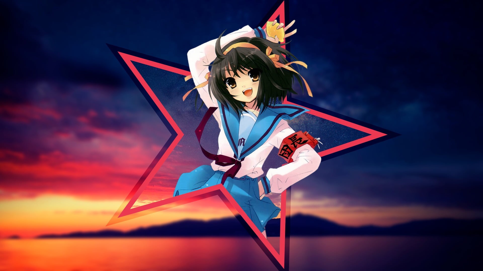 hairstyle, beautiful woman, young adult, flying, cloud - sky, The Melancholy of Haruhi Suzumiya, nature, portrait, sky, beauty, one person, outdoors, 1080P, HD Wallpaper