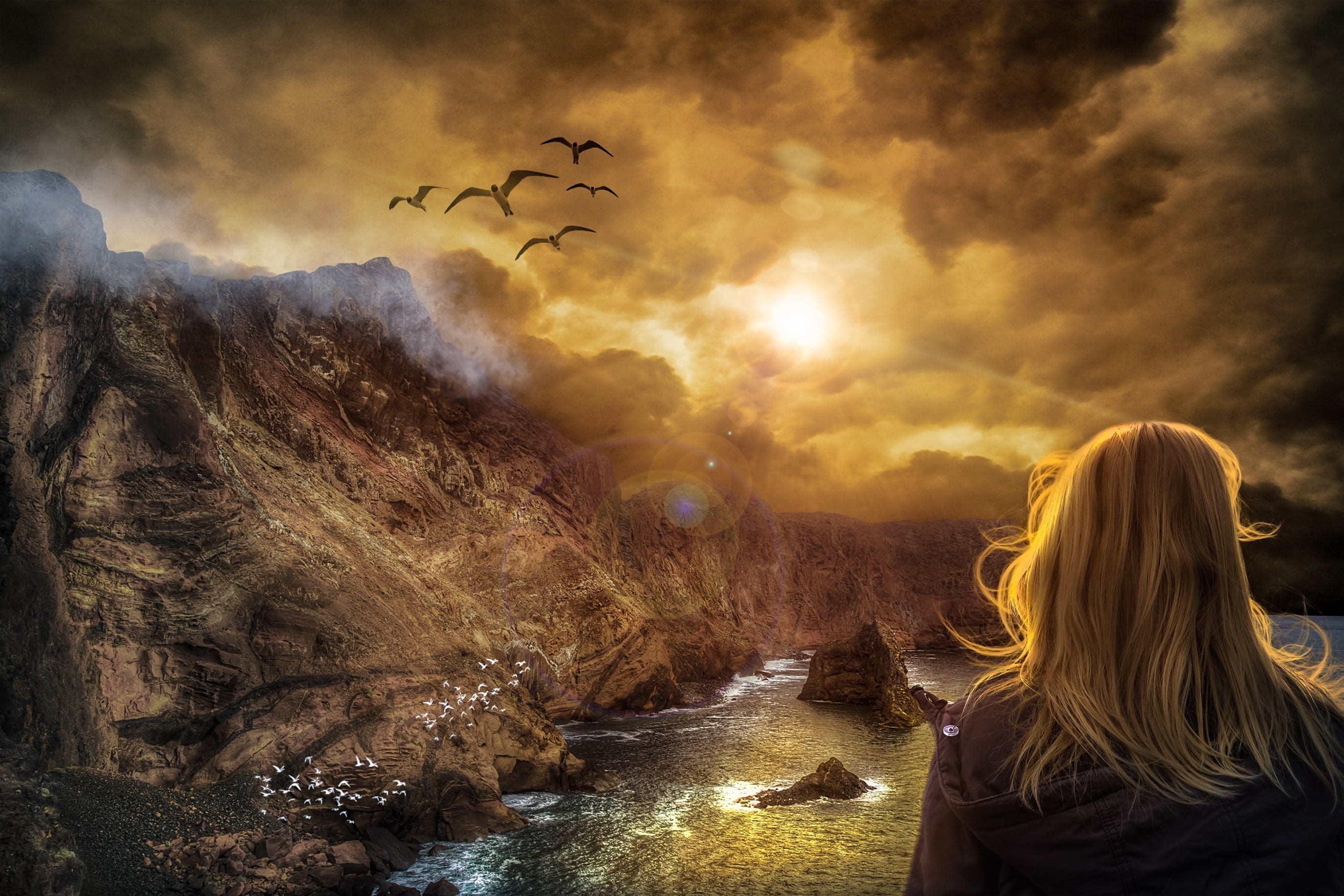 blonde, wild, sunlight, remote, island, weather, outdoors, ocean, shirt, coastline, hair, nobody, clouds, season, land, scenery, seagulls, mist, rock, woman, HD Wallpaper