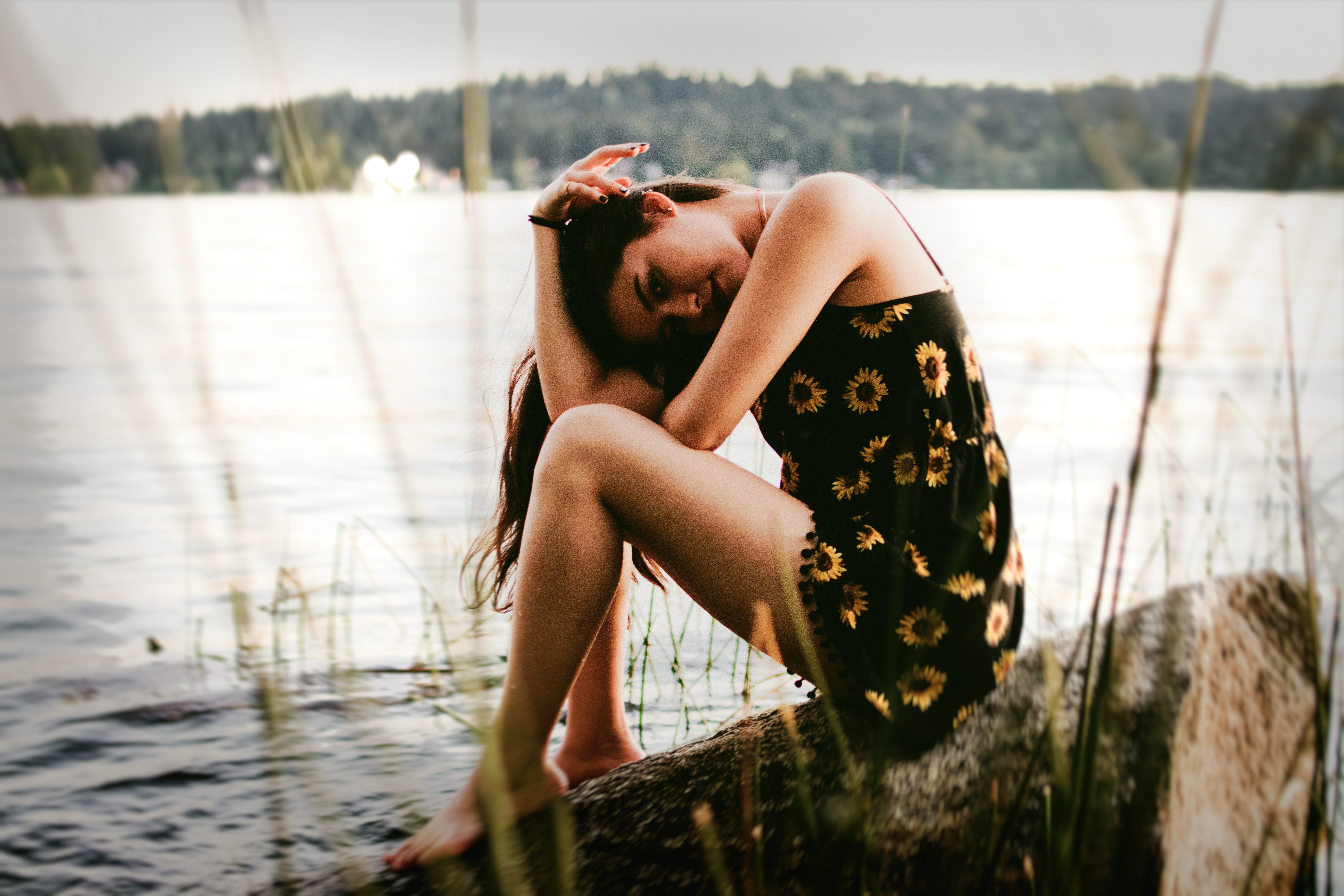 beautiful, lake, beauty, nature, adult, yellow, beautiful woman, women, outdoors, black, near, 5K, floral, top, dress, fair weather, leisure activity, HD Wallpaper