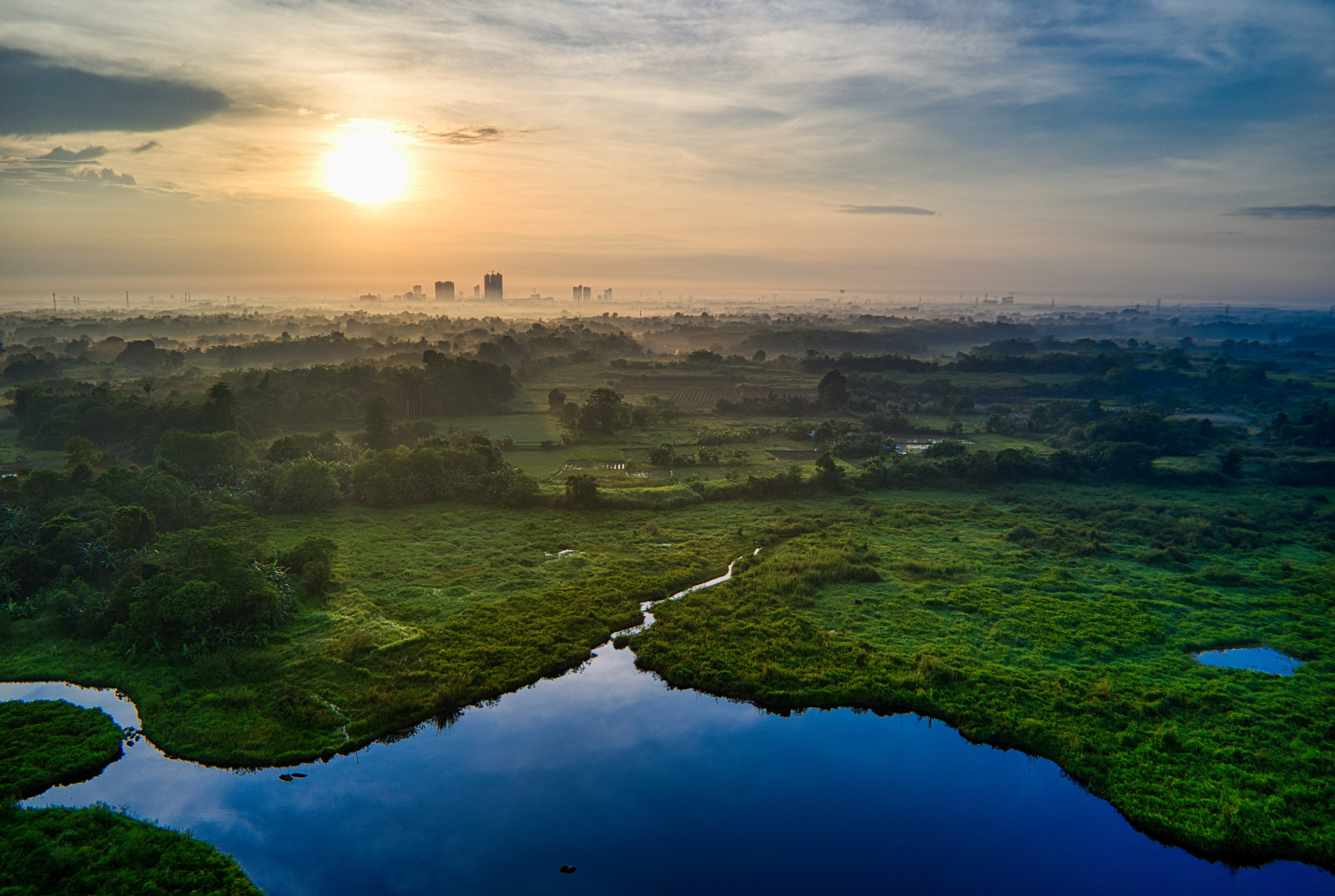 plant, indonesia, drone cam, scenic, view, farmland, sunrise, tranquil scene, fair weather, 5K, tranquility, dawn, dusk, farming, green color, sunset, HD Wallpaper