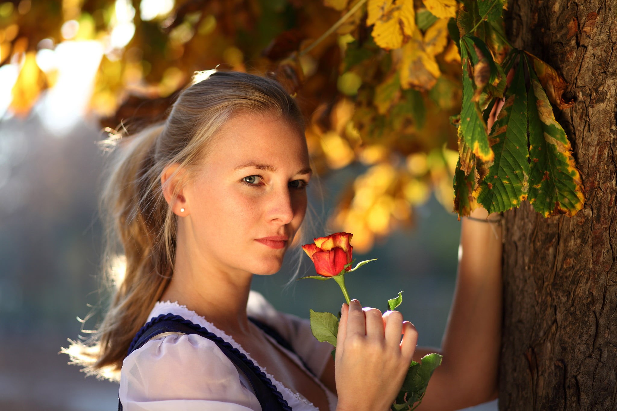 flower, looking at viewer, plant, outdoors, young women, women outdoors, real people, day, blond hair, women, portrait, hair, headshot, beautiful woman, HD Wallpaper