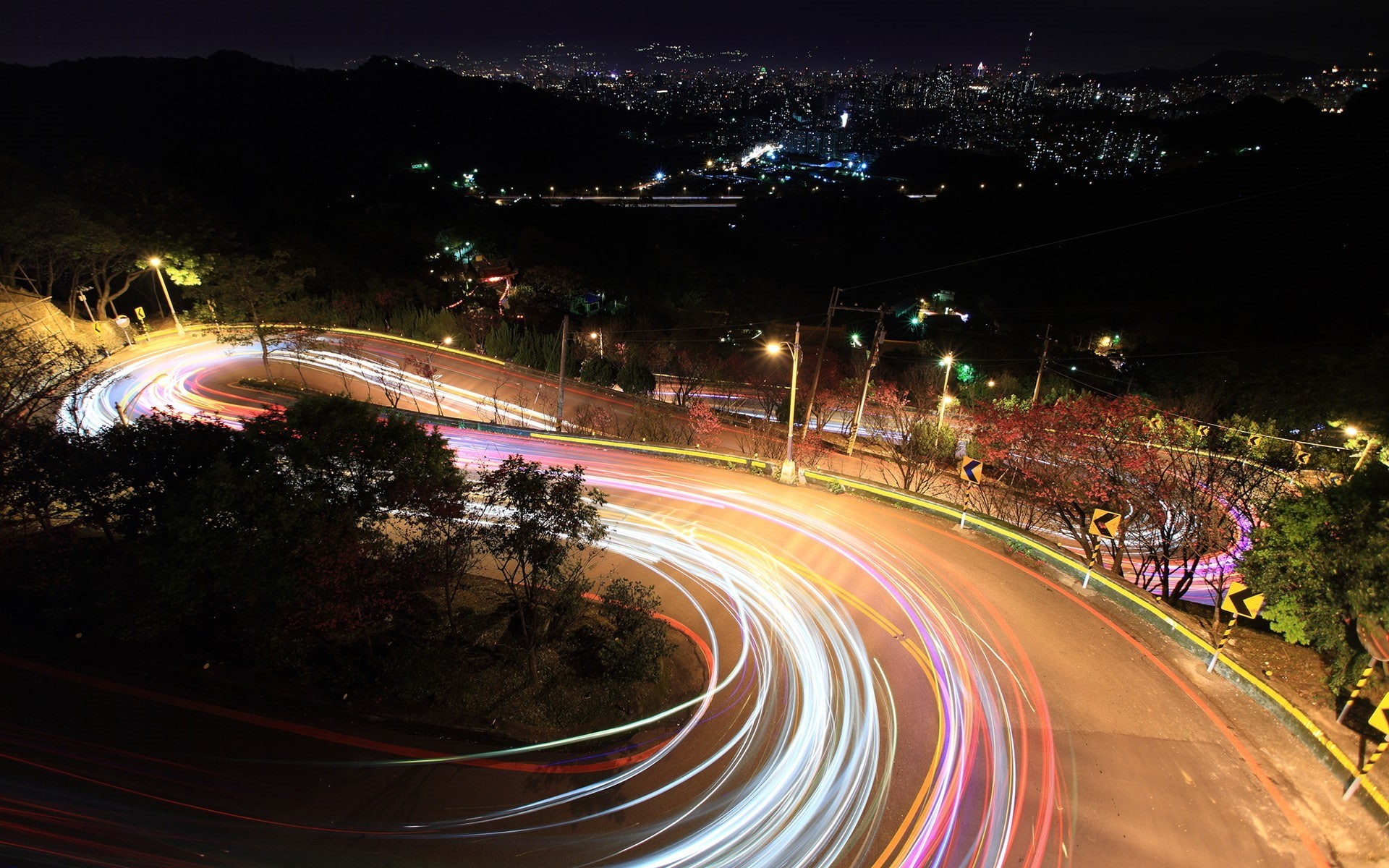 long exposure, road, hairpin turns, 1080P, night, light trails, HD Wallpaper