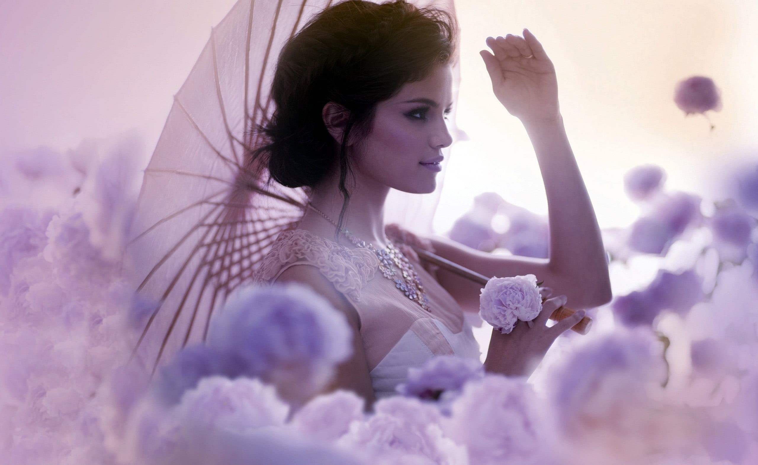 top, outdoors, beautiful woman, holding, event, contemplation, parasol, dress, beige, young women, selective focus, woman, women, 2K, sleeveless, brunette, HD Wallpaper