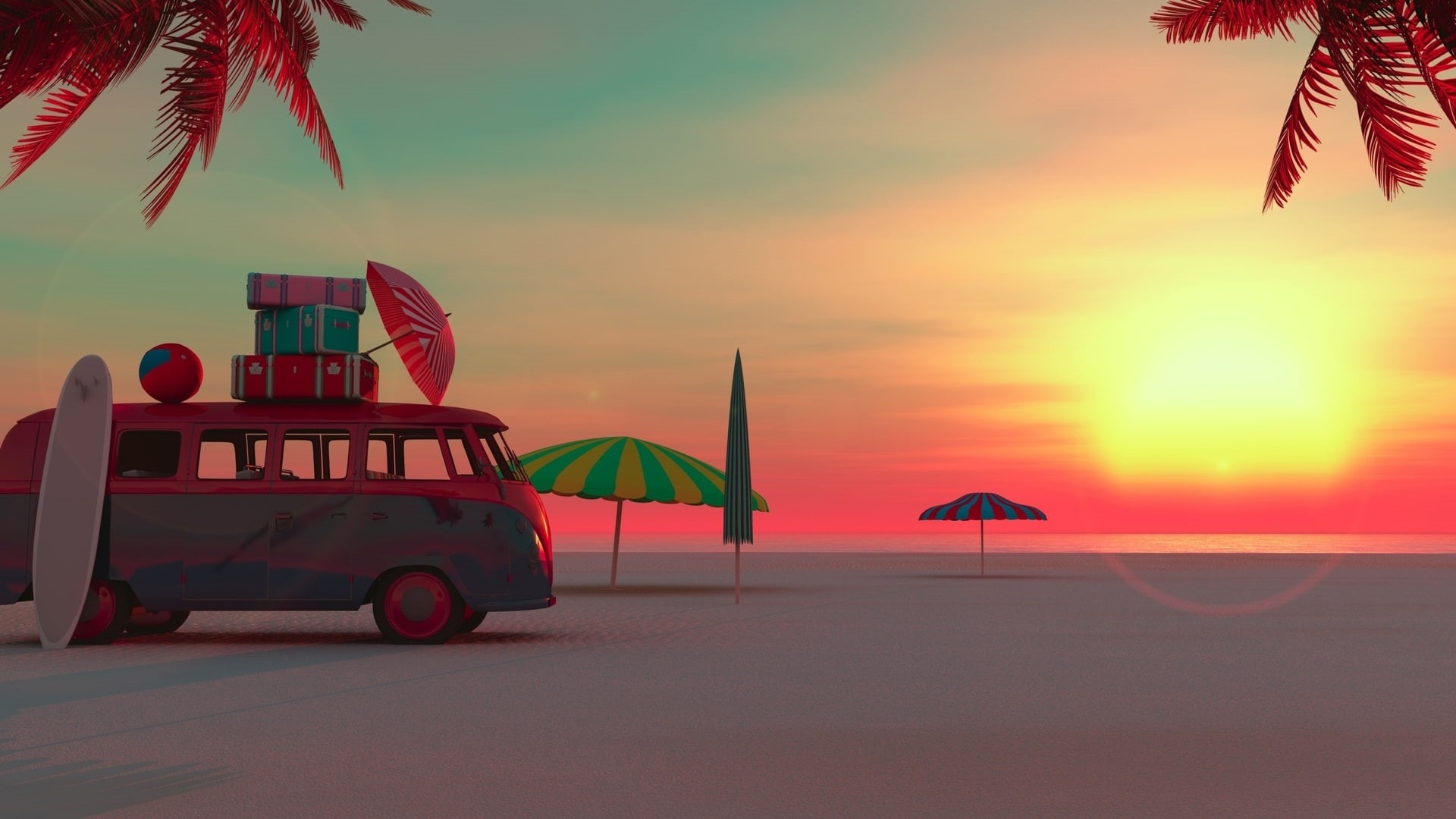 beach, sandy beach, 1080P, holiday, vacation, palms, sunshade, illustration, palm tree, graphics, summertime, parasol, 3d, HD Wallpaper