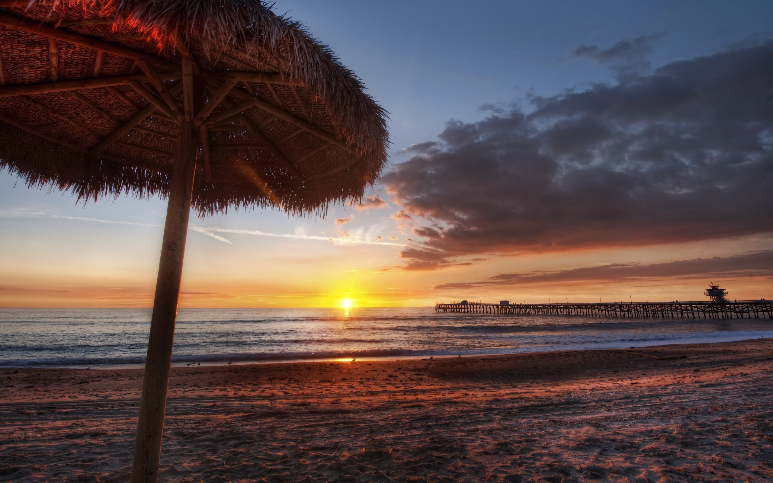 parasol, sky, sunset, sea, beach, 2K, pier, HD Wallpaper