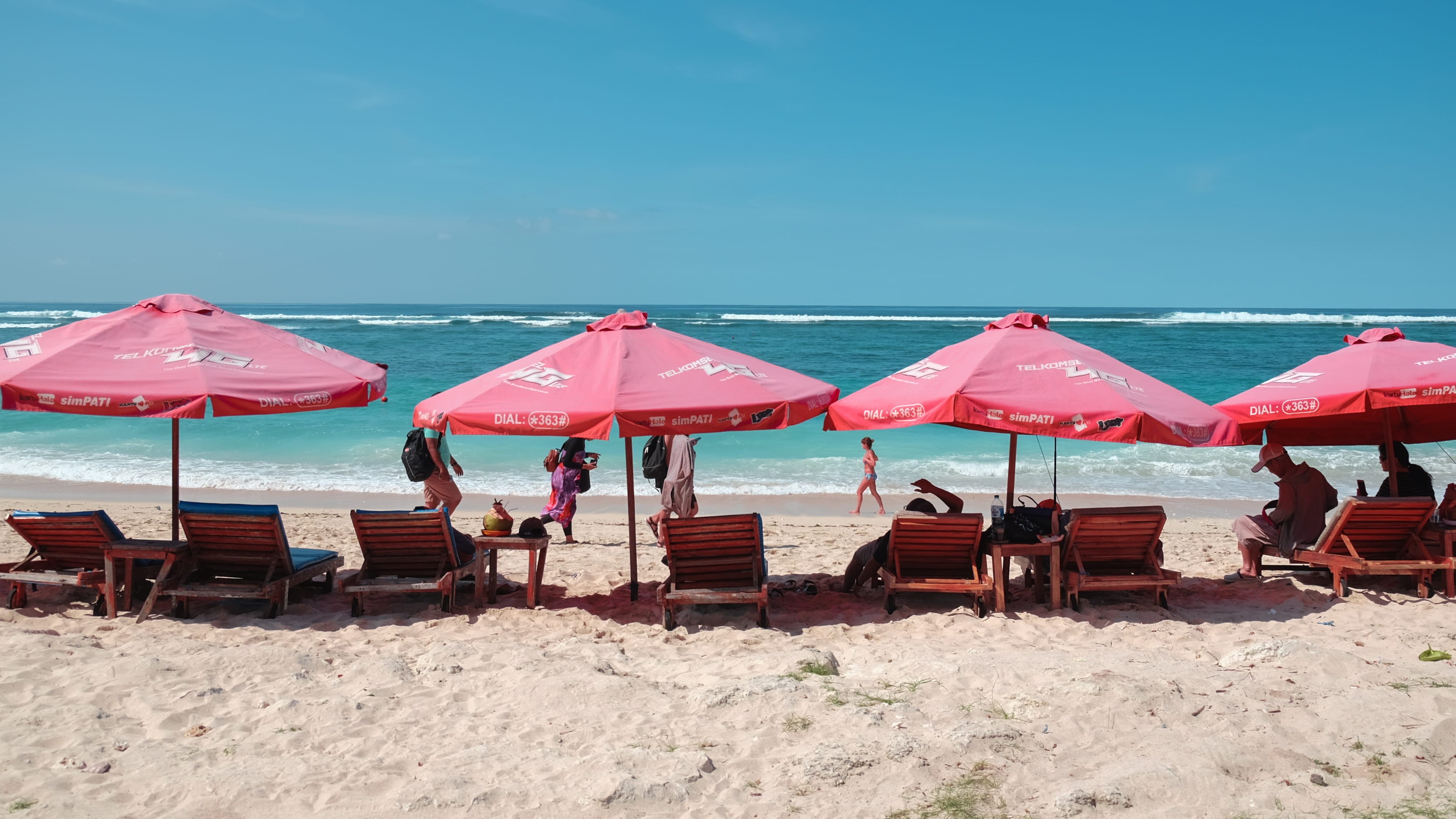 land, indonesia, day, horizon, pandawa beach, nature, sea, blue, umbrella, sand, water, sky, beauty in nature, horizon over water, 2K, scenics - nature, HD Wallpaper
