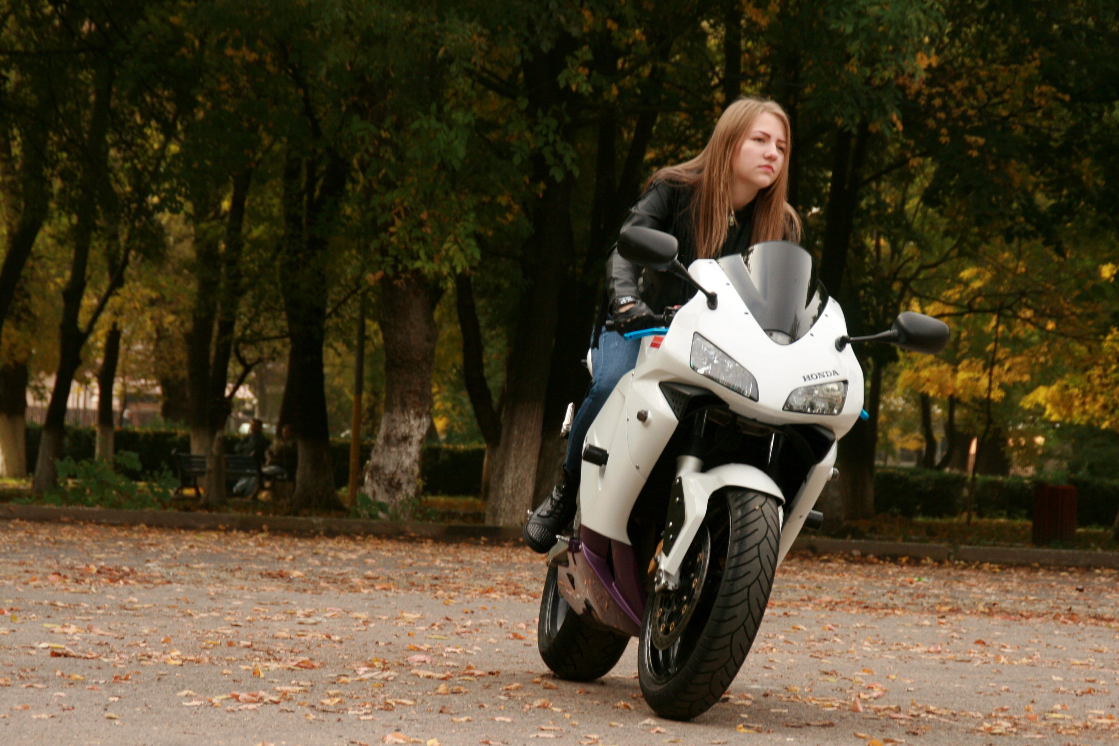 young women, hairstyle, change, sitting, females, mode of Transport, motor Scooter, one Person, autumn, women, driving, front view, tree, 4K, only women, HD Wallpaper