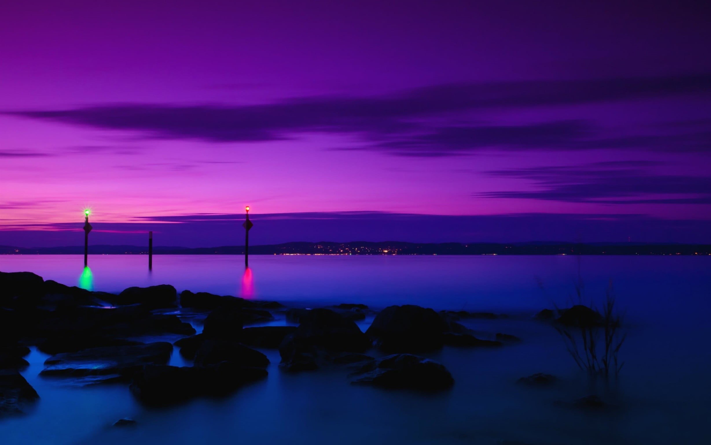 dusk, tranquility, water, sky, pink color, illuminated, body, sea, tranquil scene, beauty in nature, night, cloud - sky, scenics - nature, silhouette, 1080P, HD Wallpaper
